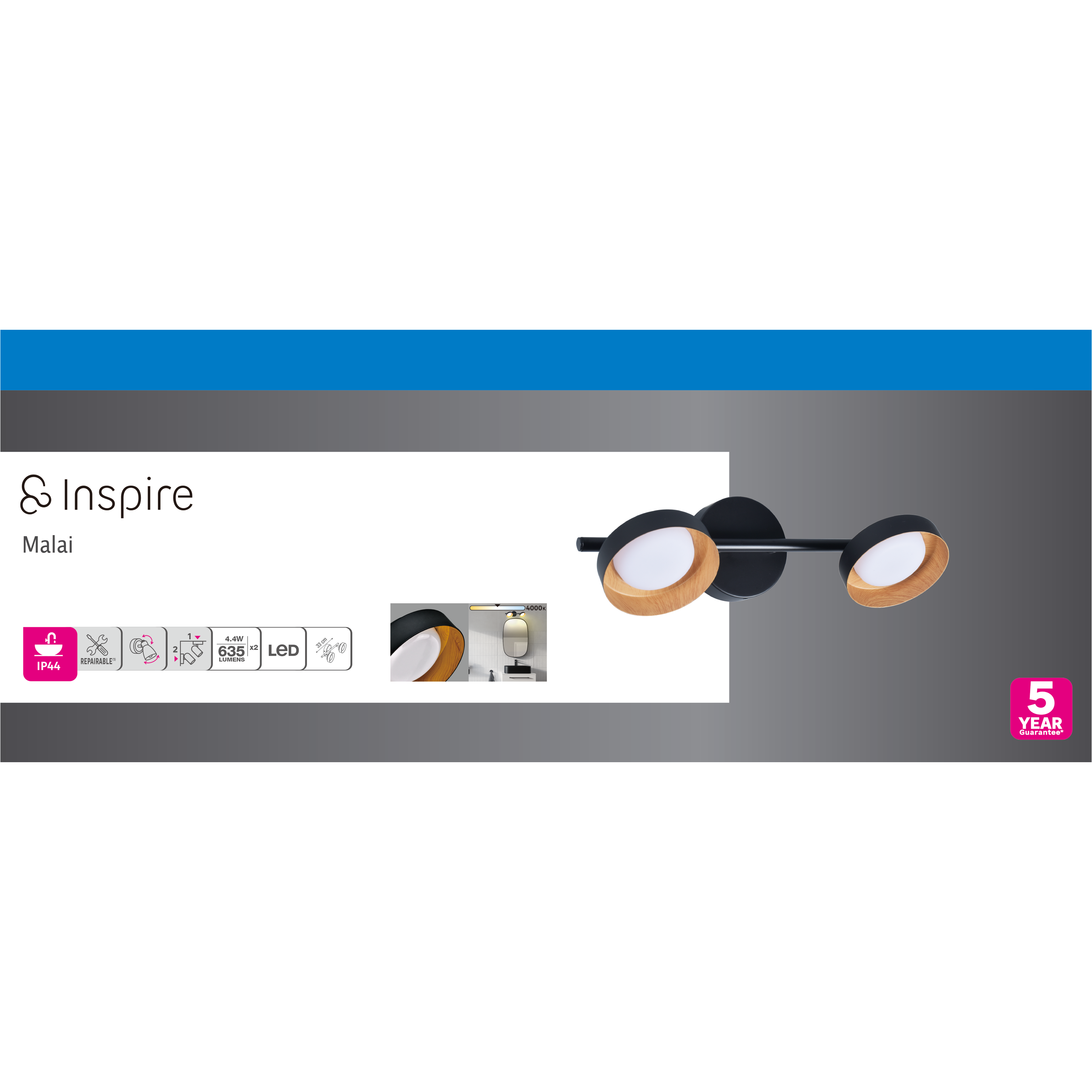 Rampe 2 spots salle de bain LED Malai, blanc neutre, bois / métal noir,  INSPIRE - 4