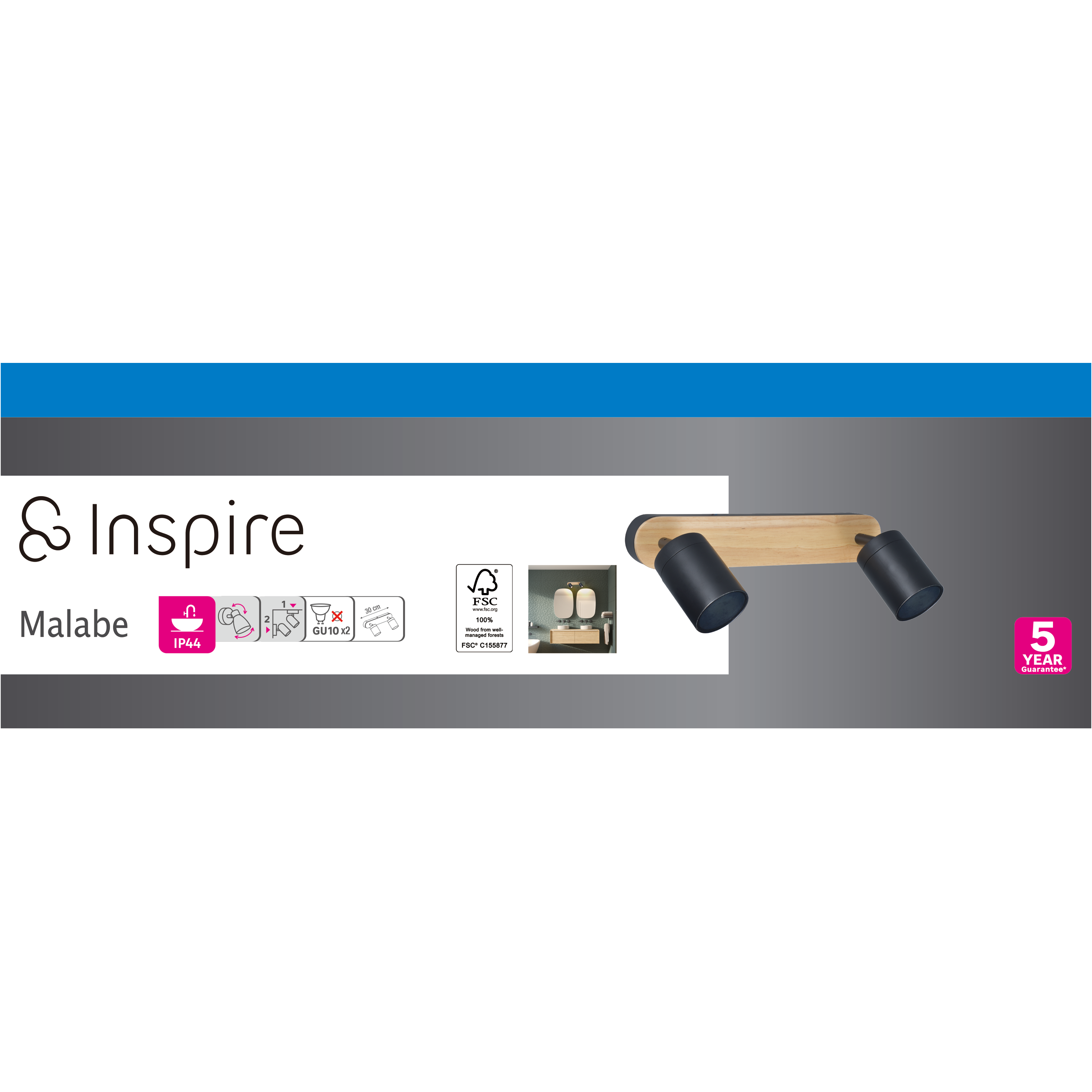 Rampe 2 spots salle de bain Malabe GU10 max 10W, bois / métal noir,  INSPIRE - 5
