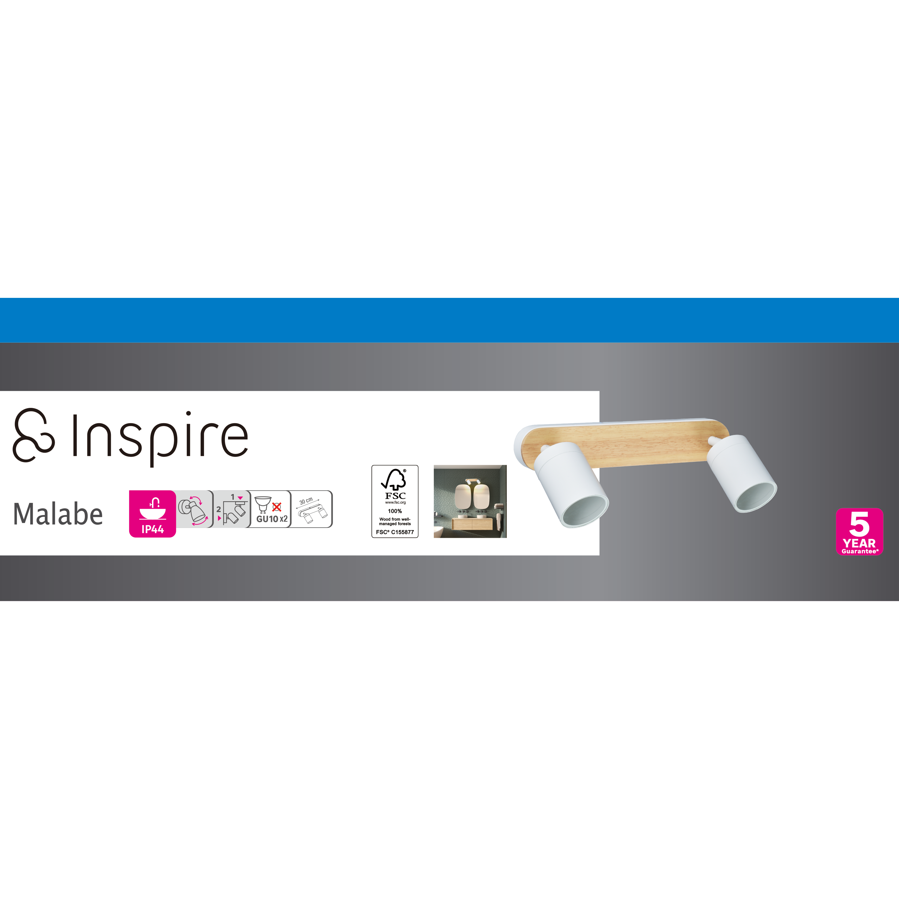 Rampe 2 spots salle de bain Malabe GU10 max 10W, bois / métal blanc,  INSPIRE - 4