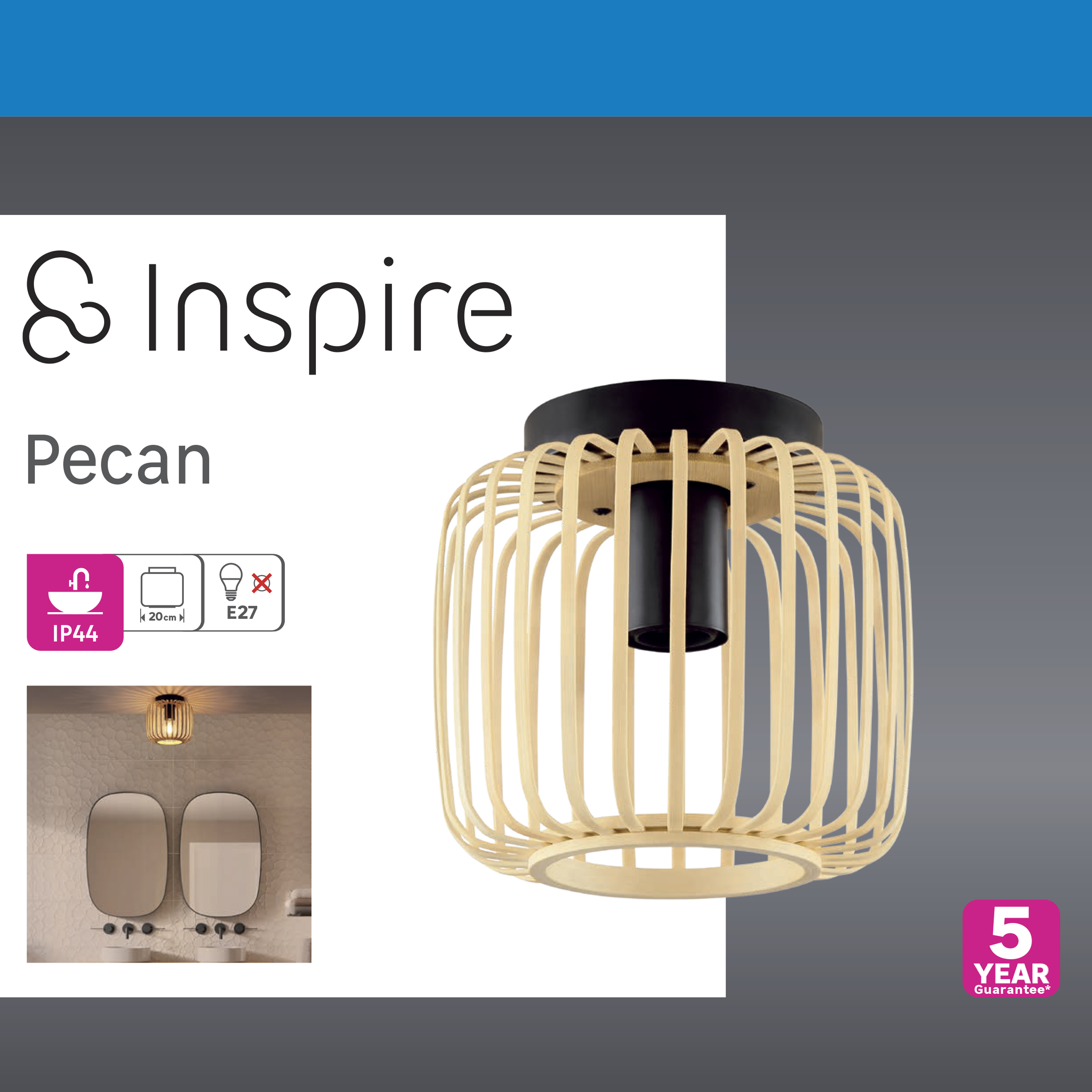 Plafón Pecan INSPIRE E27 negro / bambú 19 cm IP44 - 6