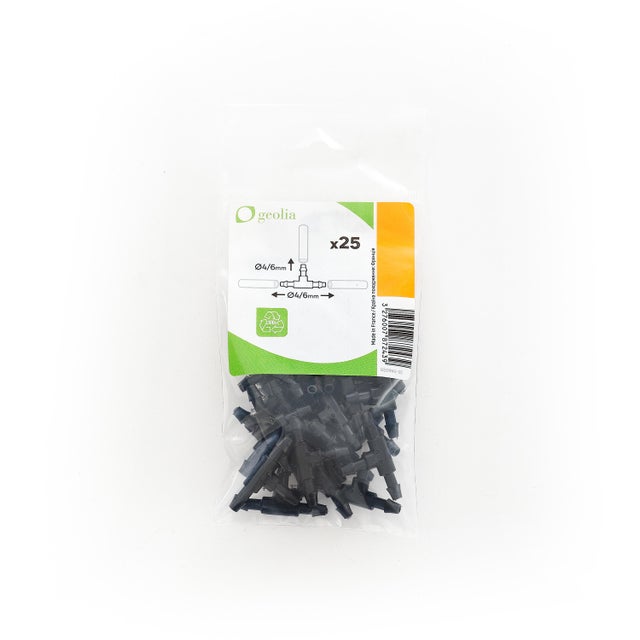 Lot de 25 Raccord en T pour arrosage Diam 4 x 6 mm GEOLIA