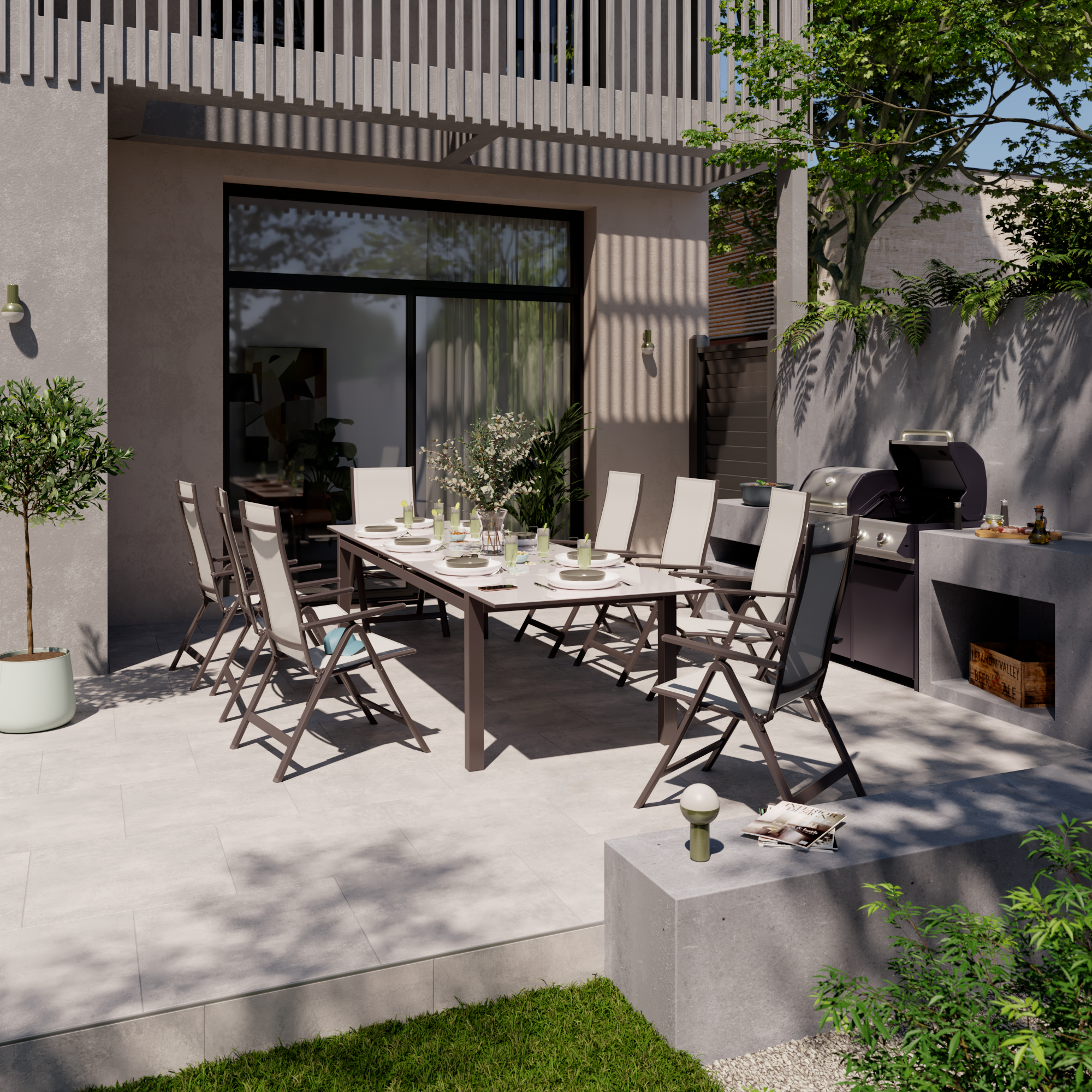 Tavolo da giardino allungabile Odyssea NATERIAL in alluminio marrone con piano in vetro texturizzato  per 12 persone 256/320x100cm - 5