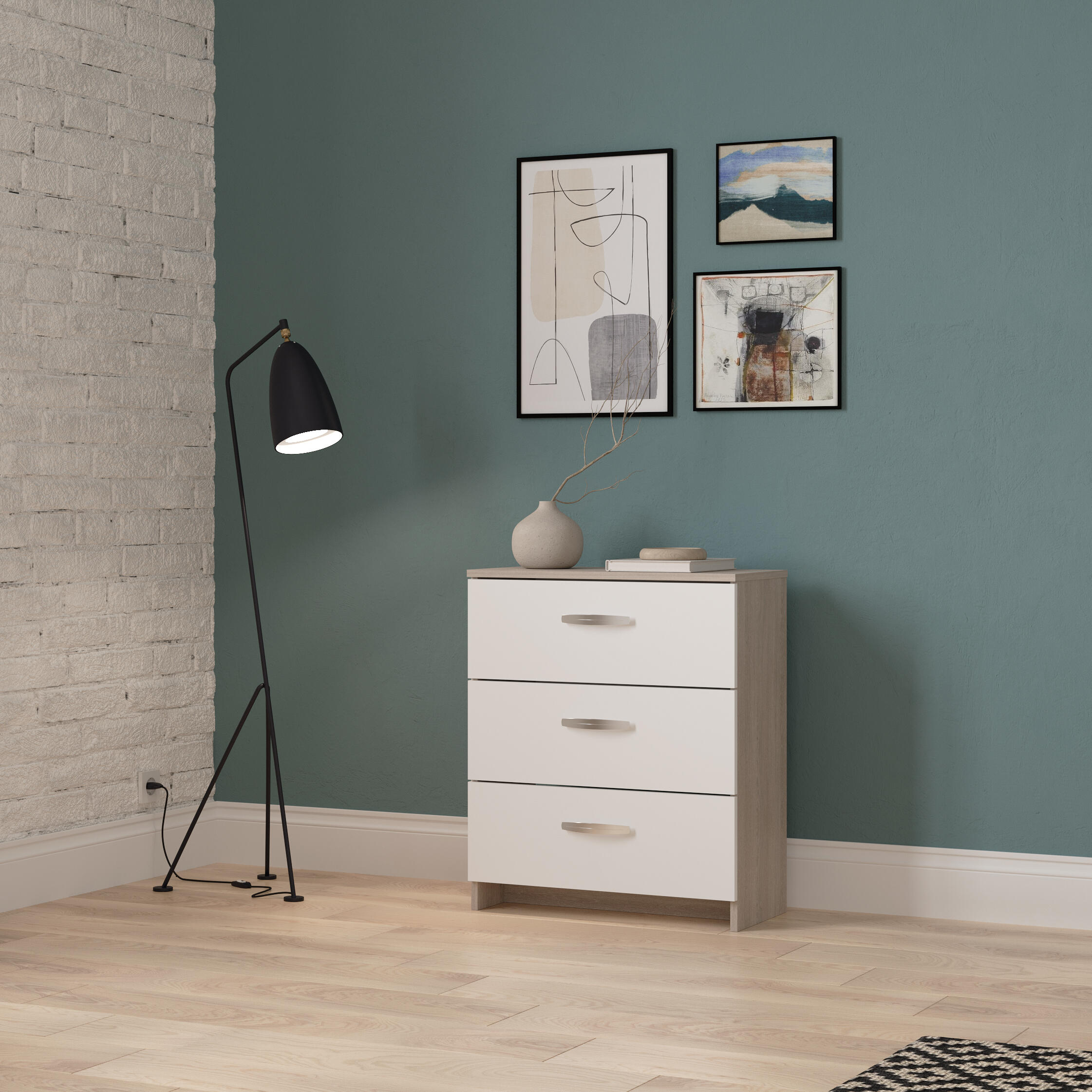 Cómoda NANO 3 cajones 60.5x71.7x29.4cm blanco/roble - 2