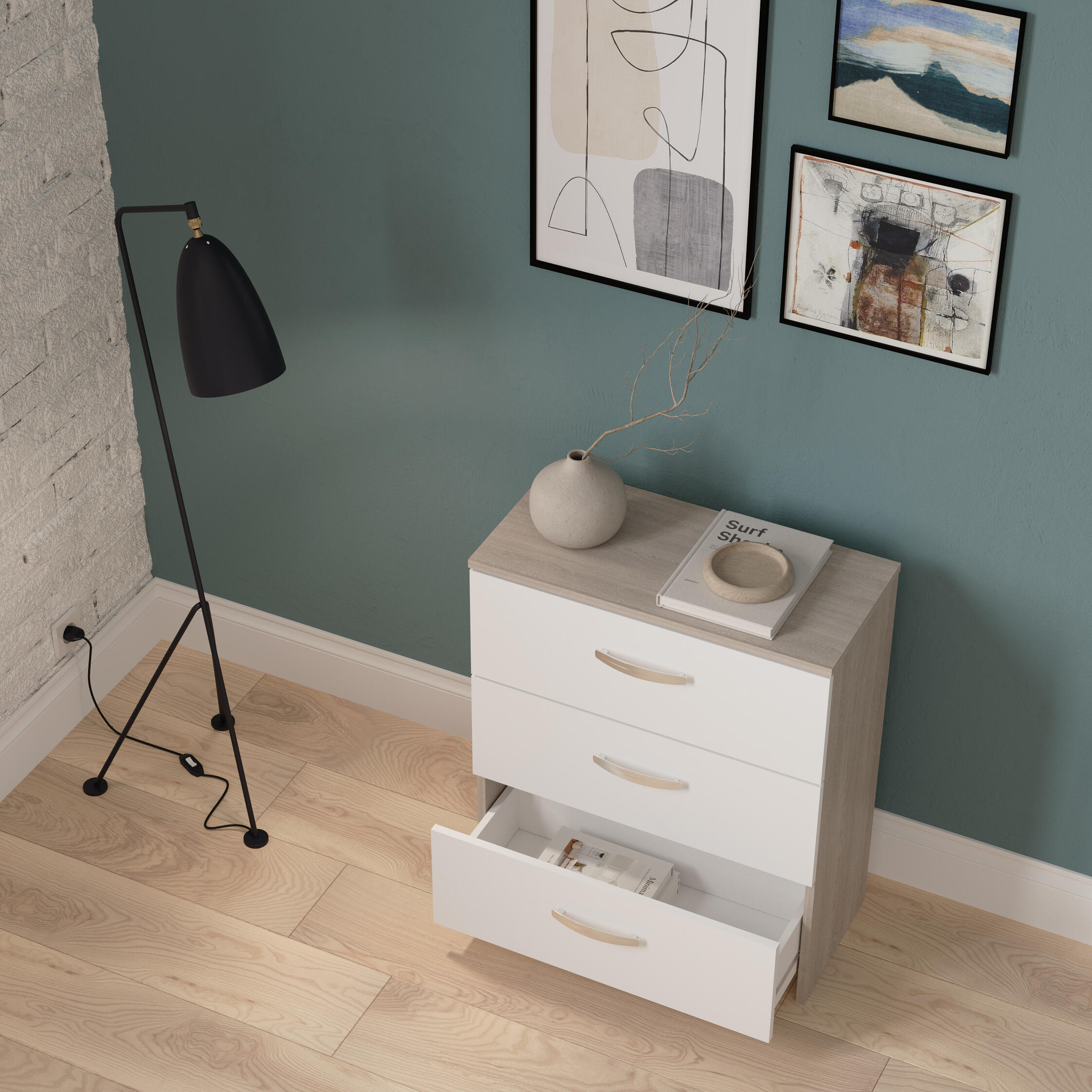 Cómoda NANO 3 cajones 60.5x71.7x29.4cm blanco/roble - 4