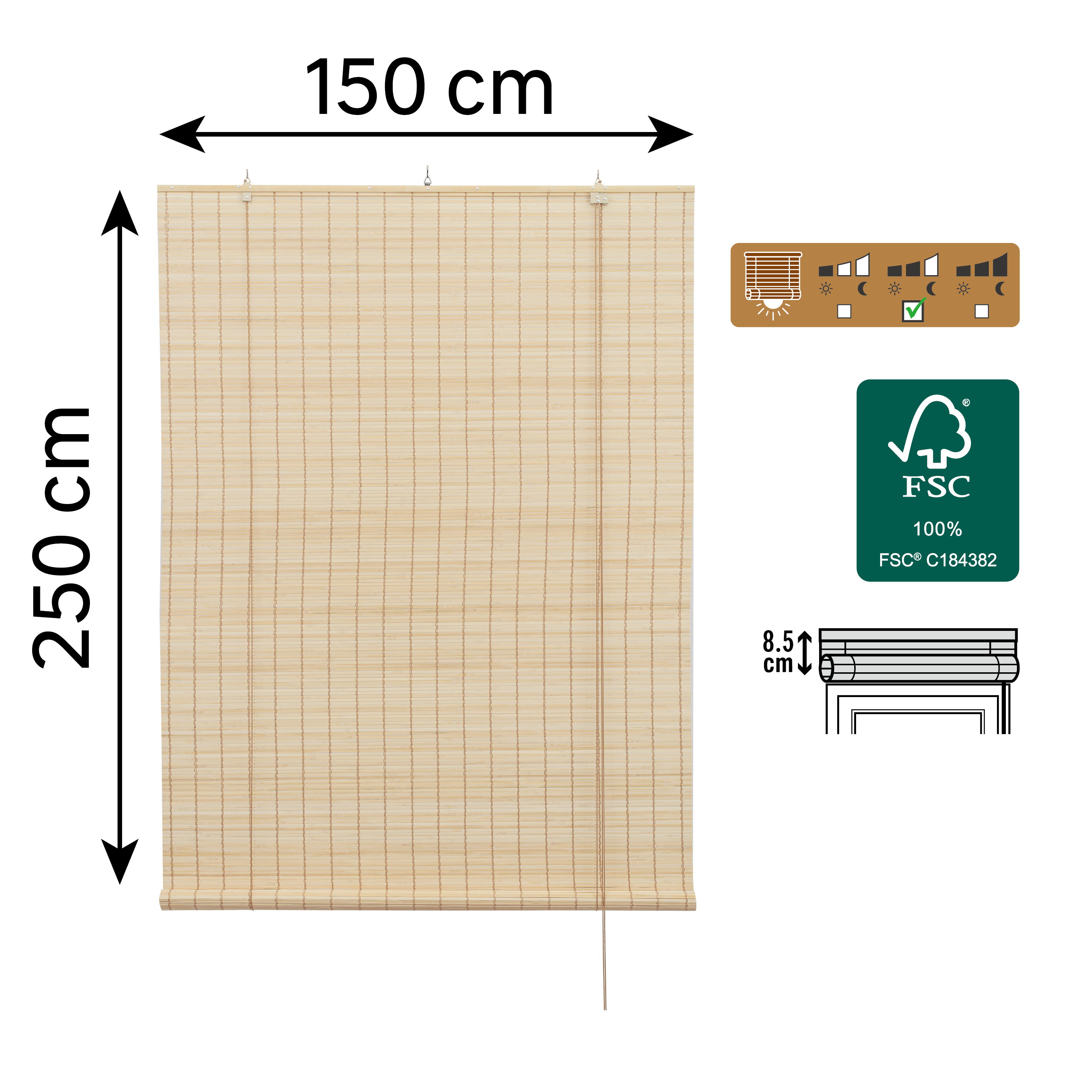 Store enrouleur tamisant Bambou hatha naturel, l.150 x H.250 cm, INSPIRE - 2