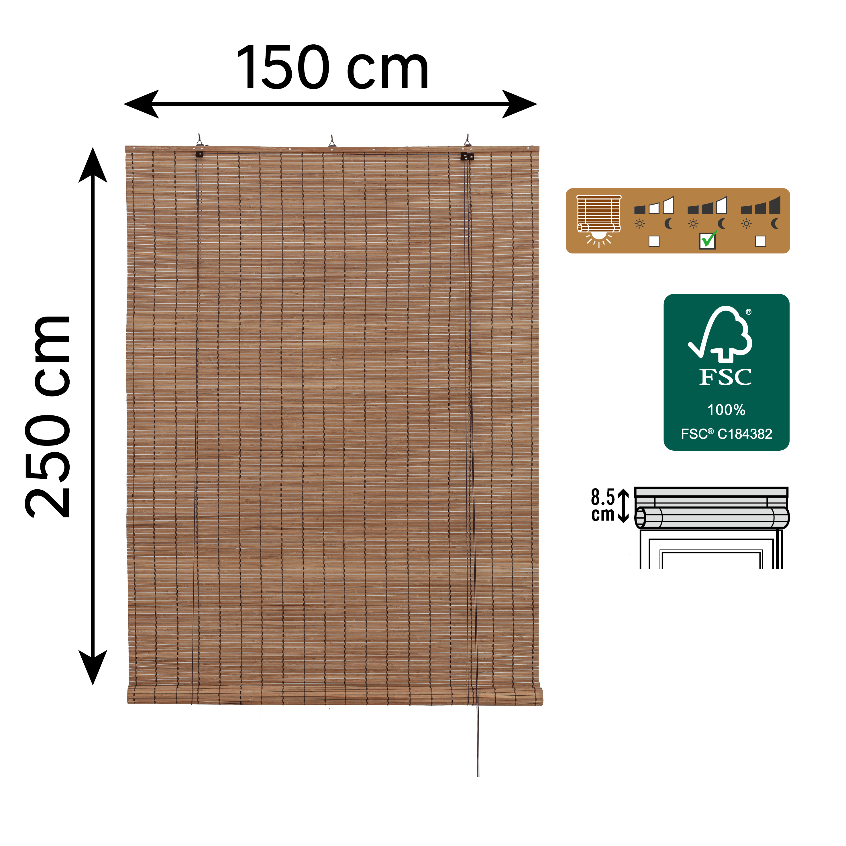 Store enrouleur tamisant Bambou hatha naturel, l.150 x H.250 cm, INSPIRE - 2