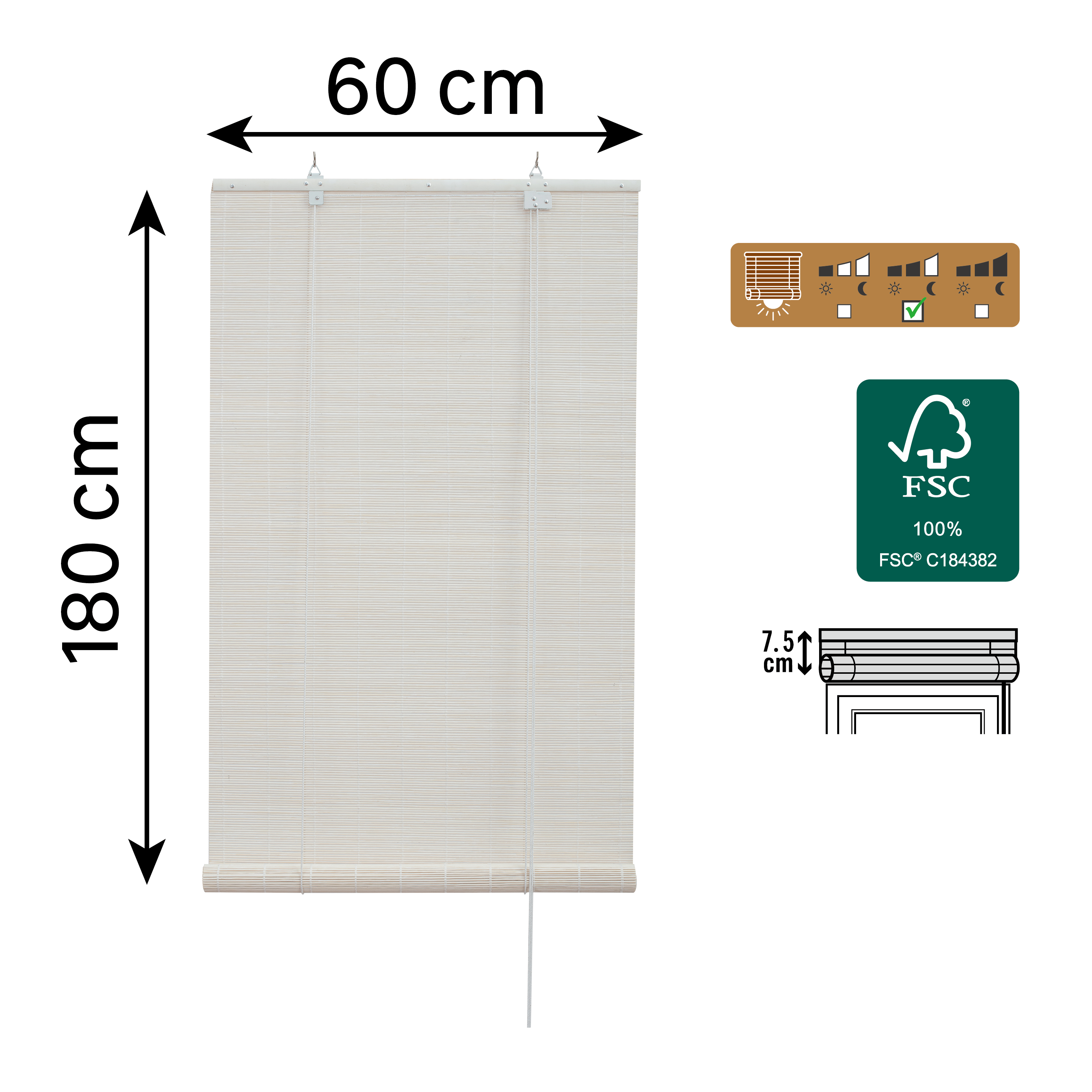 Store enrouleur tamisant Bambou unda blanc, l.60 x H.180 cm, INSPIRE - 2