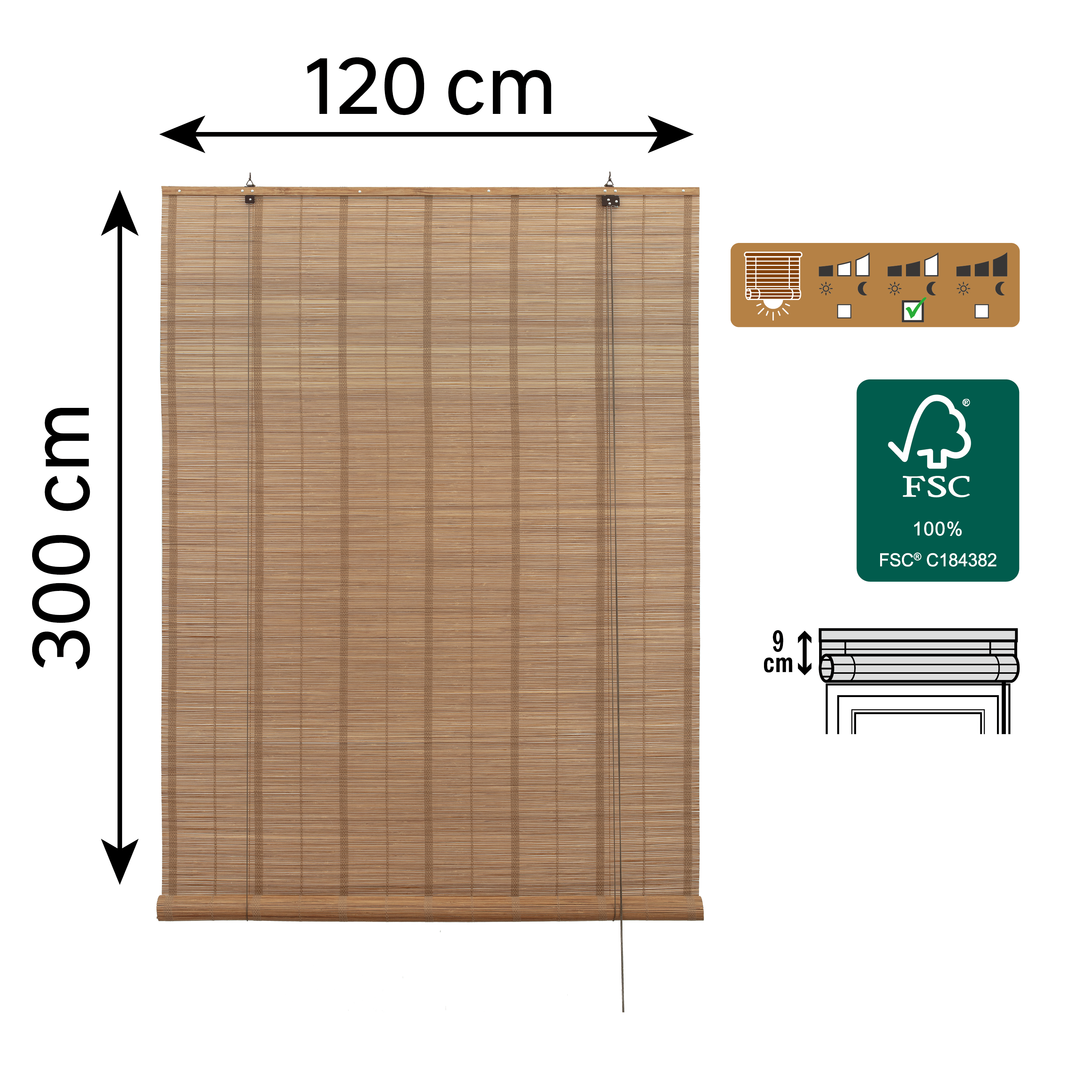 Estor enrollable translúcido interior / exterior Kripa de 120x300 bambú liso marrón INSPIRE con cordón - 2