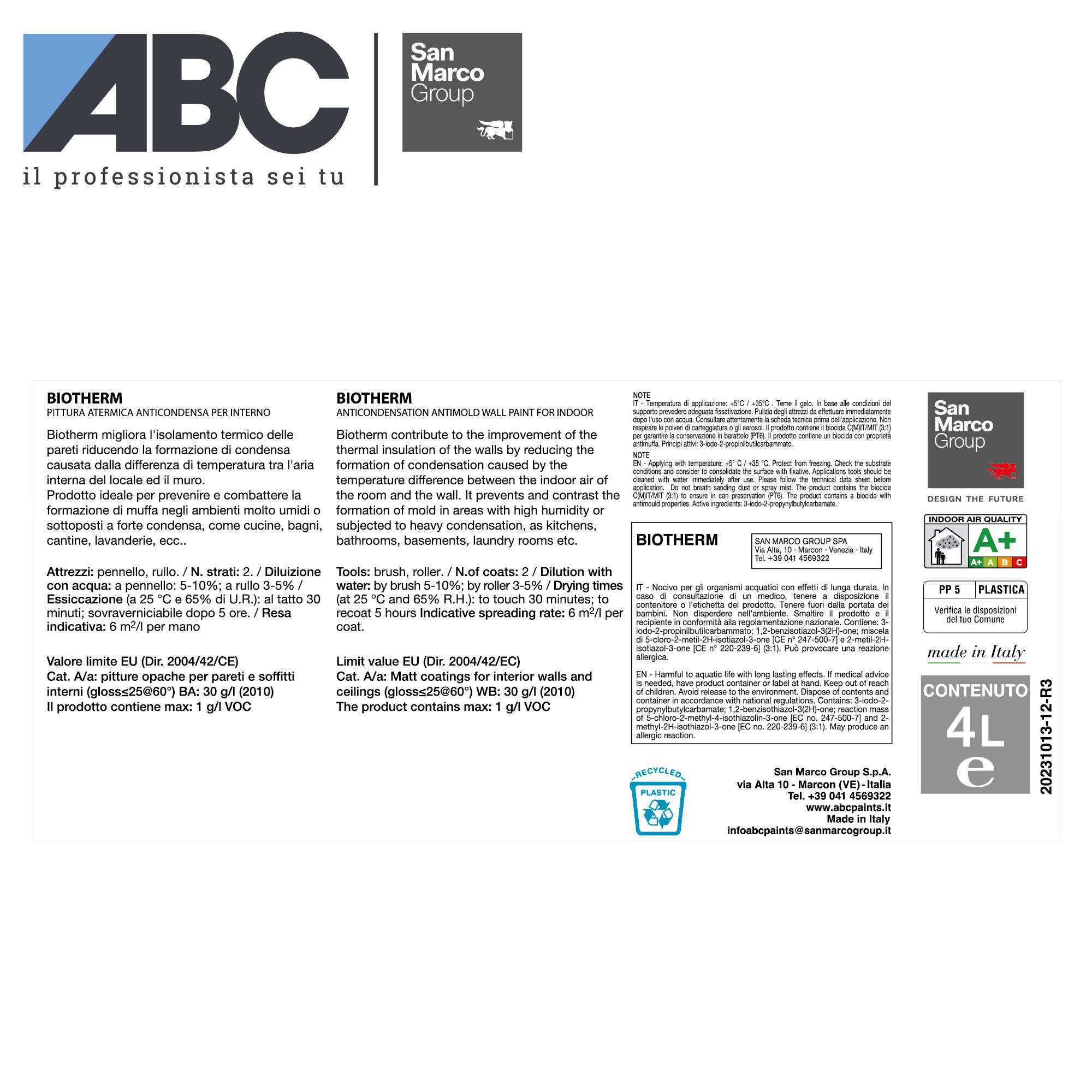 Pittura per interni per parete, bagno e soffitto antiumidità, antimuffa e anti-condensa, ABC Biotherm atermica bianco opaco, 4 L - 4