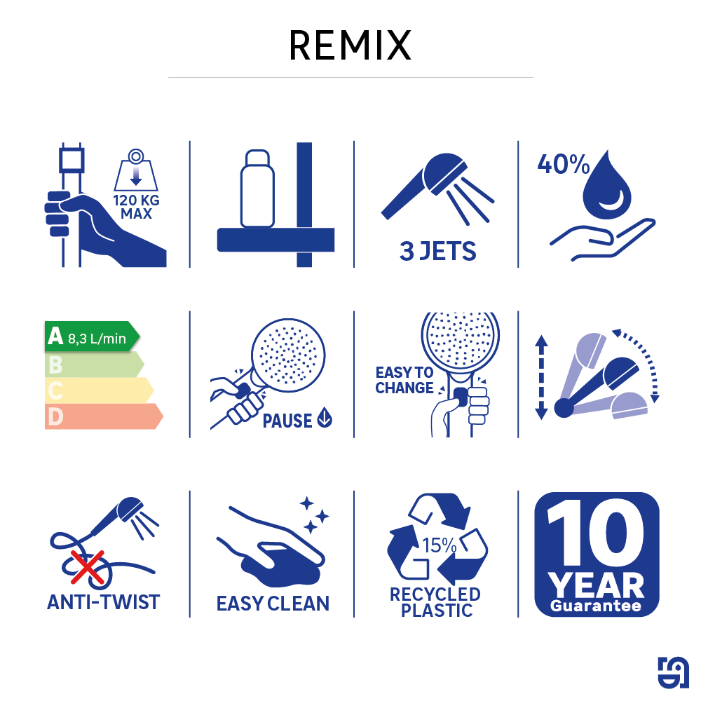 Alcachofa de ducha + flexo + barra SENSEA Remix negro con 3 funciones - 8