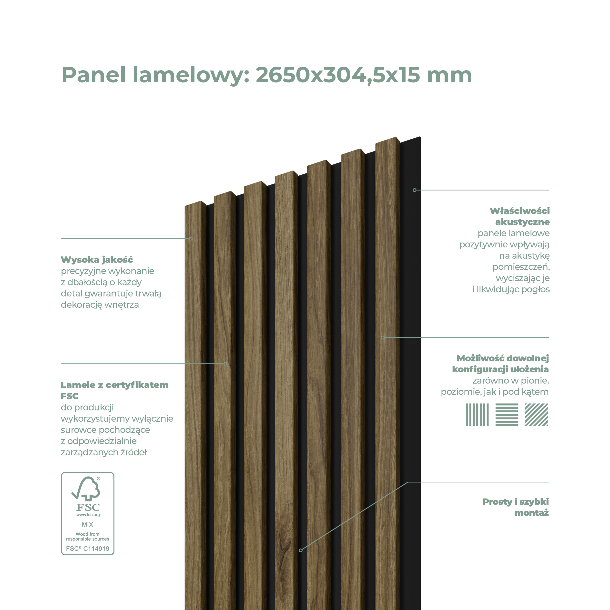Panele ścienne 3D Lamel na czarnym HDF 265x30 cm Catania 7 lameli - 3