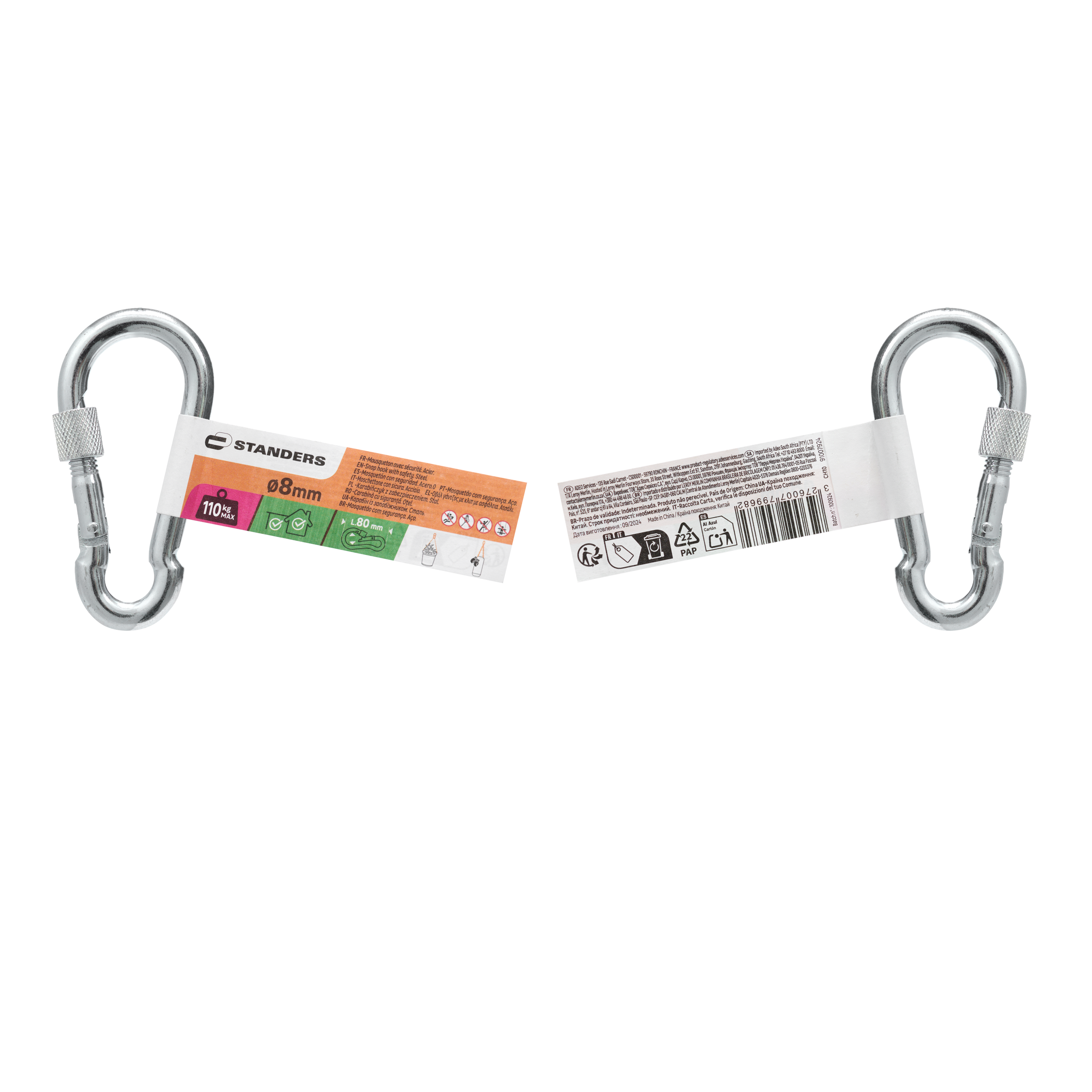 Mosquetón de doble cierre en acero cincado STANDERS carga max. 1200 kg L.80 mm - 4