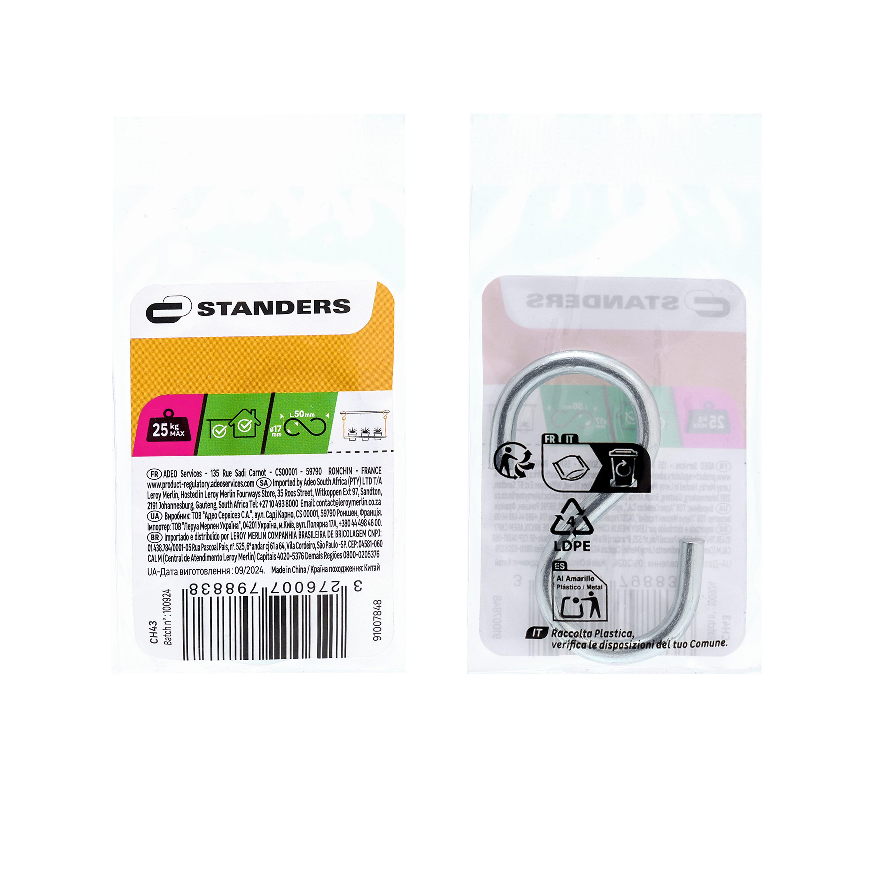 Gancho en S abierto de acero galvanizado STANDERS carga 25 kg Ø 4 x L. 50 mm - 3
