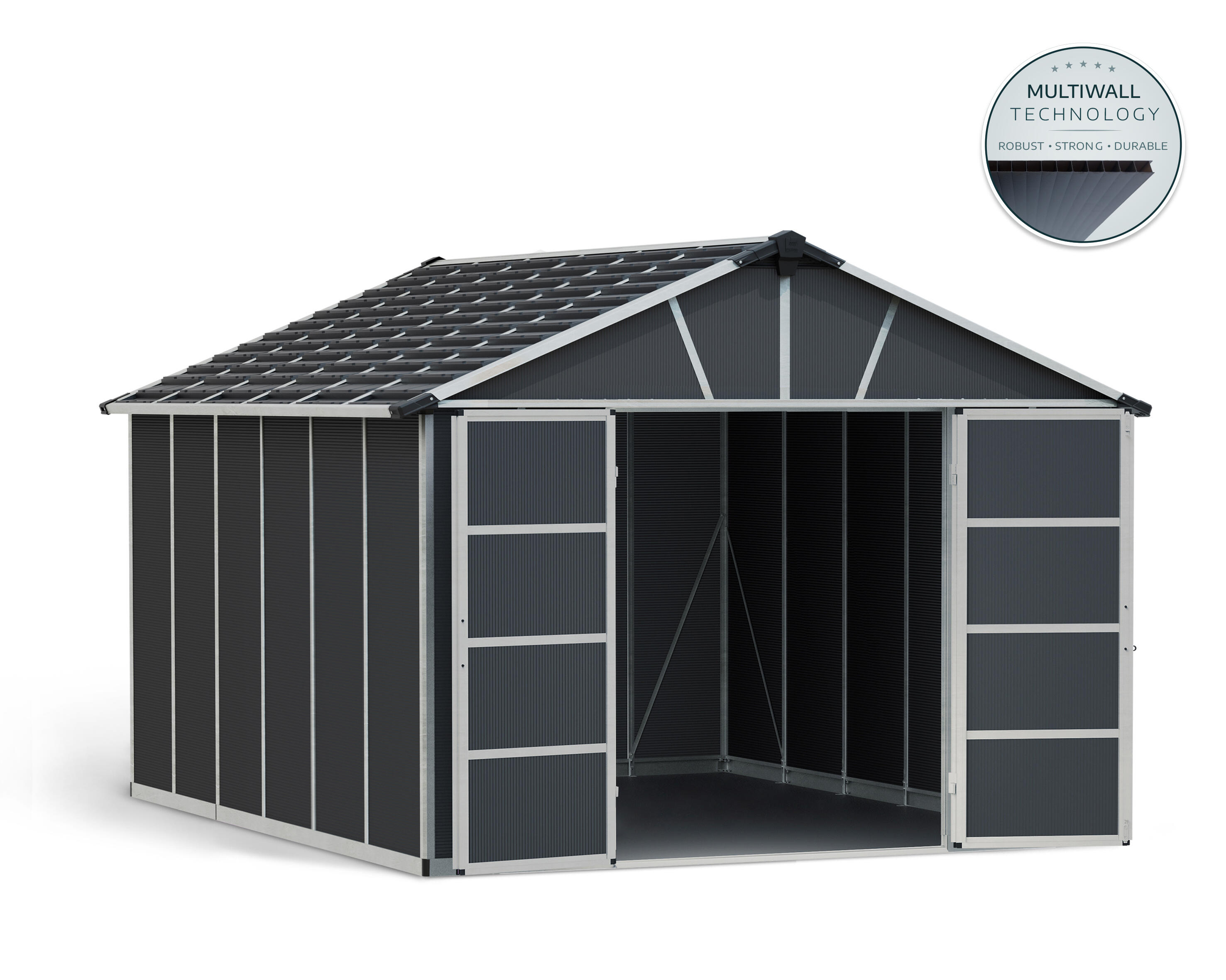 caseta de policarbonato yukon de 332x252x395 cm y 131 m2 con 10 mm espesor y doble puerta abatible canopia by palram