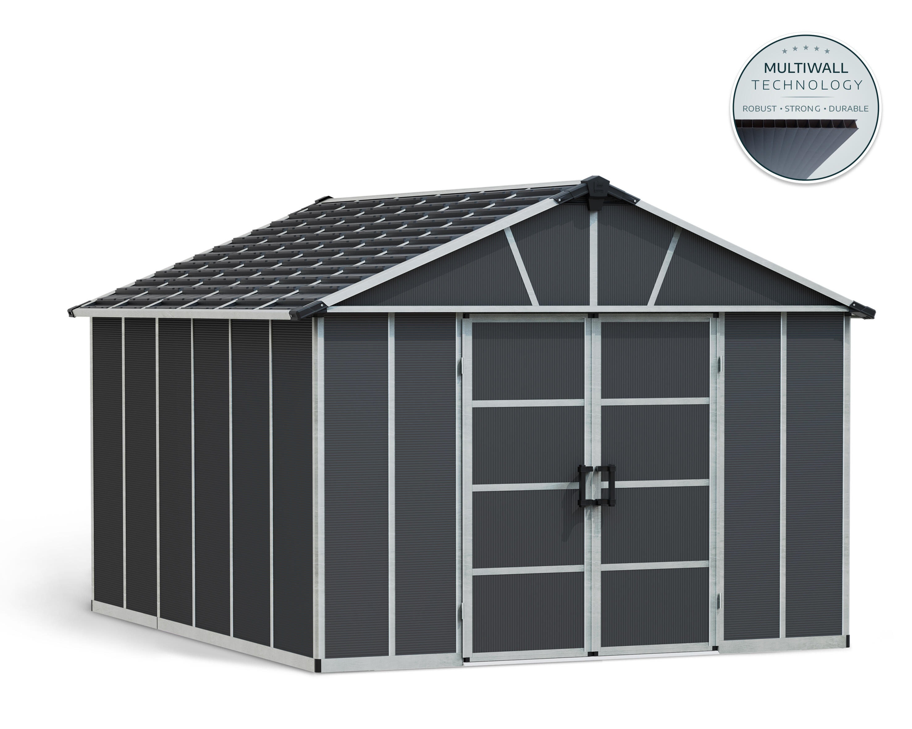 caseta de policarbonato yukon de 332x252x395 cm y 131 m2 con 10 mm espesor y doble puerta abatible canopia by palram