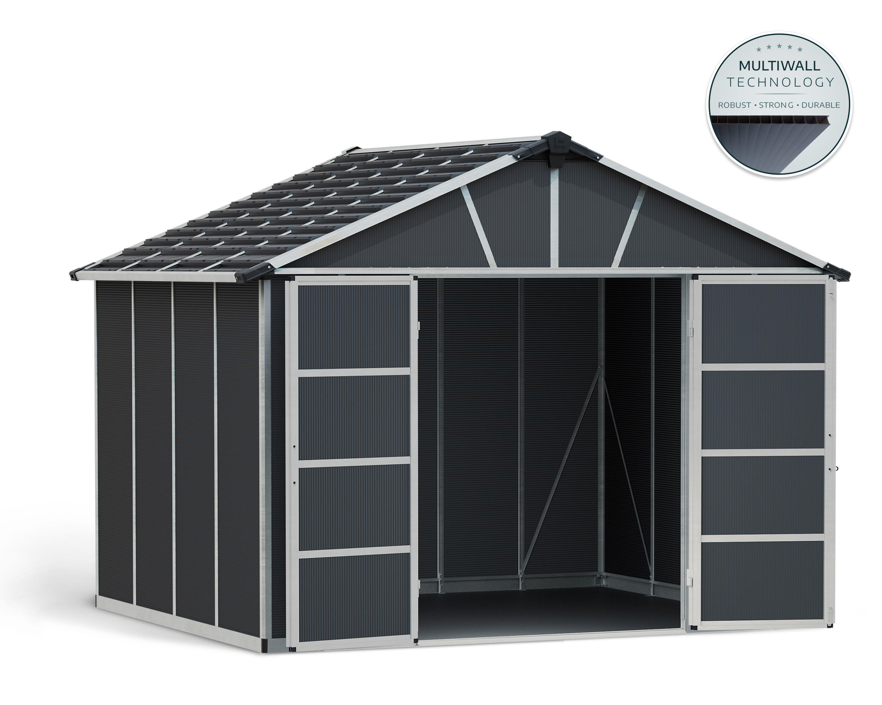 caseta de policarbonato yukon de 332x252x271 cm y 9 m2 con 10 mm espesor y doble puerta abatible canopia by palram