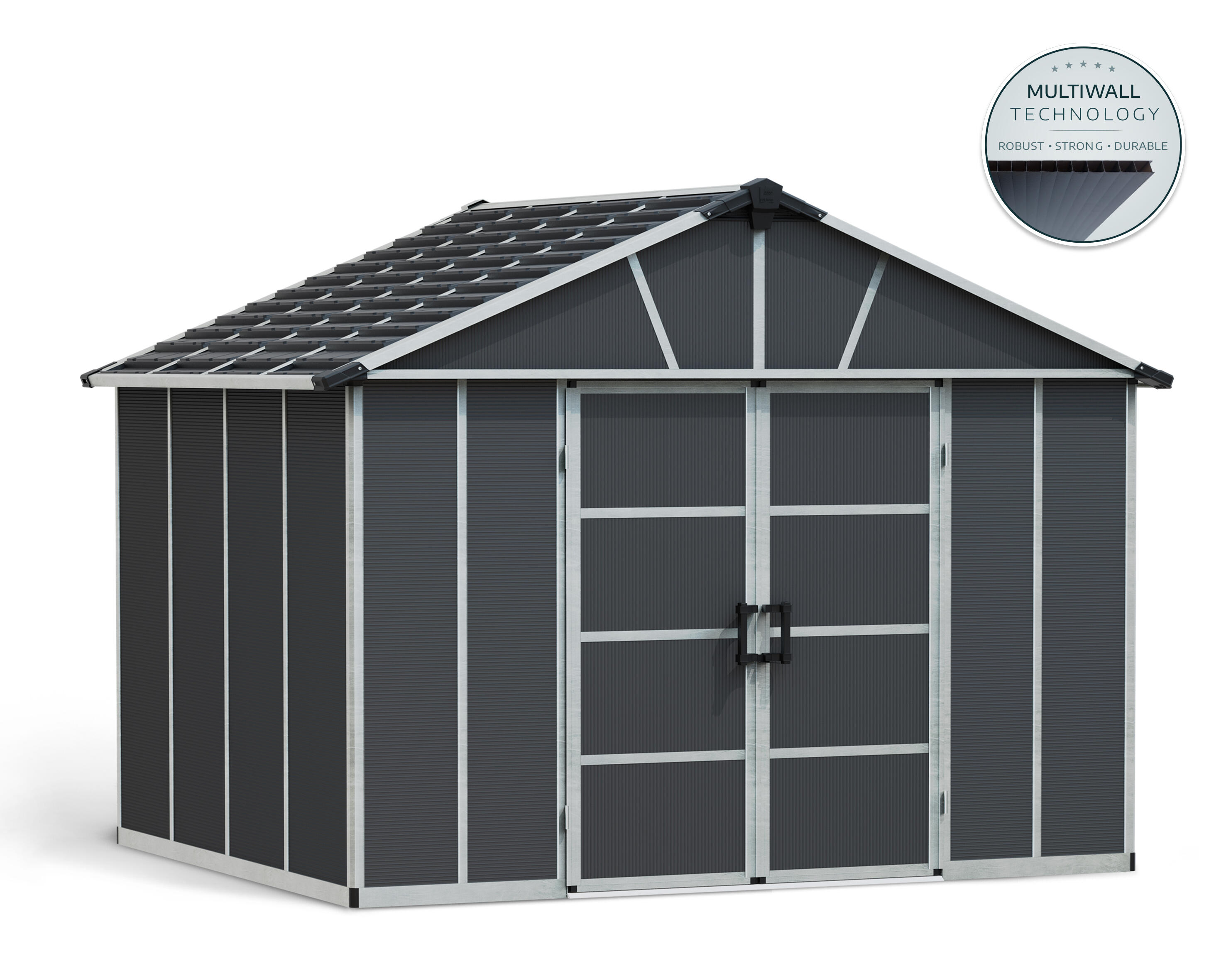 caseta de policarbonato yukon de 332x252x271 cm y 9 m2 con 10 mm espesor y doble puerta abatible canopia by palram