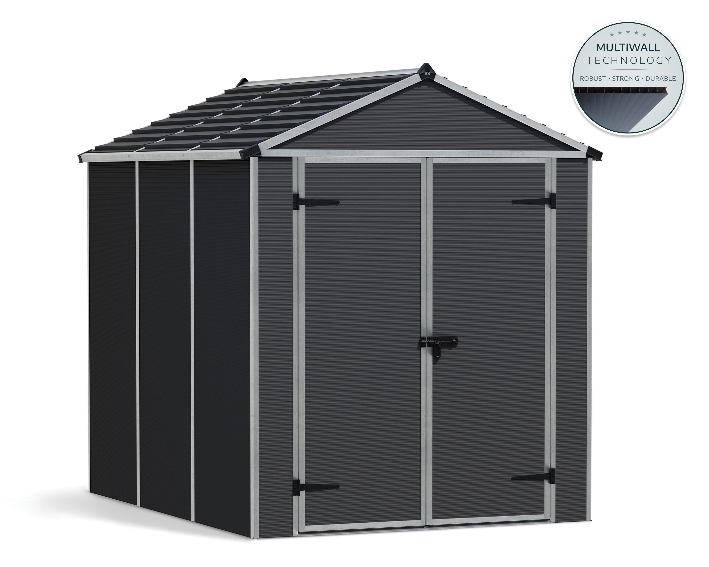 caseta de policarbonato rubicon de 185x217x229 cm y 42 m2 con 10 mm espesor y doble puerta abatible canopia by palram