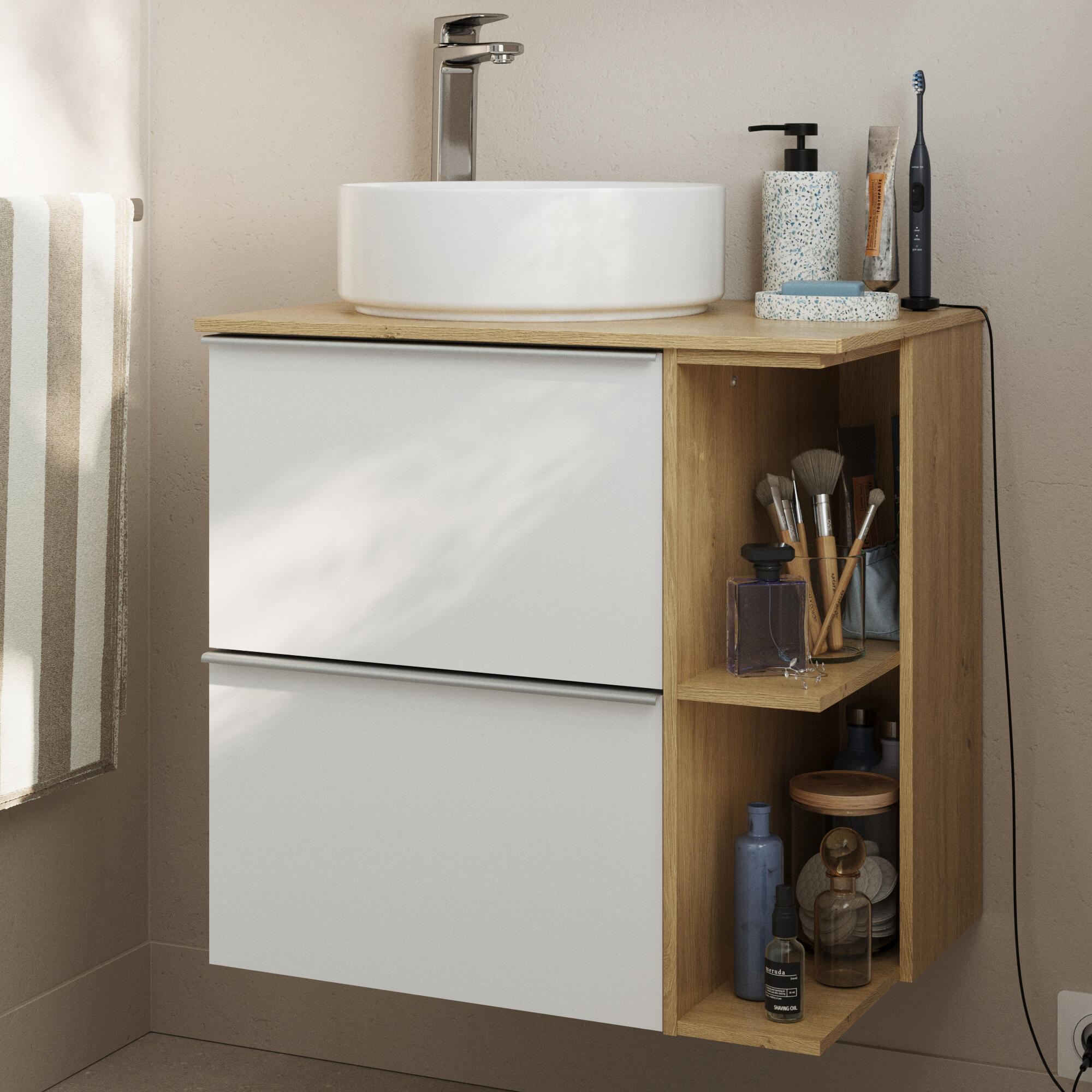 Móvel casa de banho 80 cm 2 gavetas branco mate e  carvalho Sensea Modern - 16