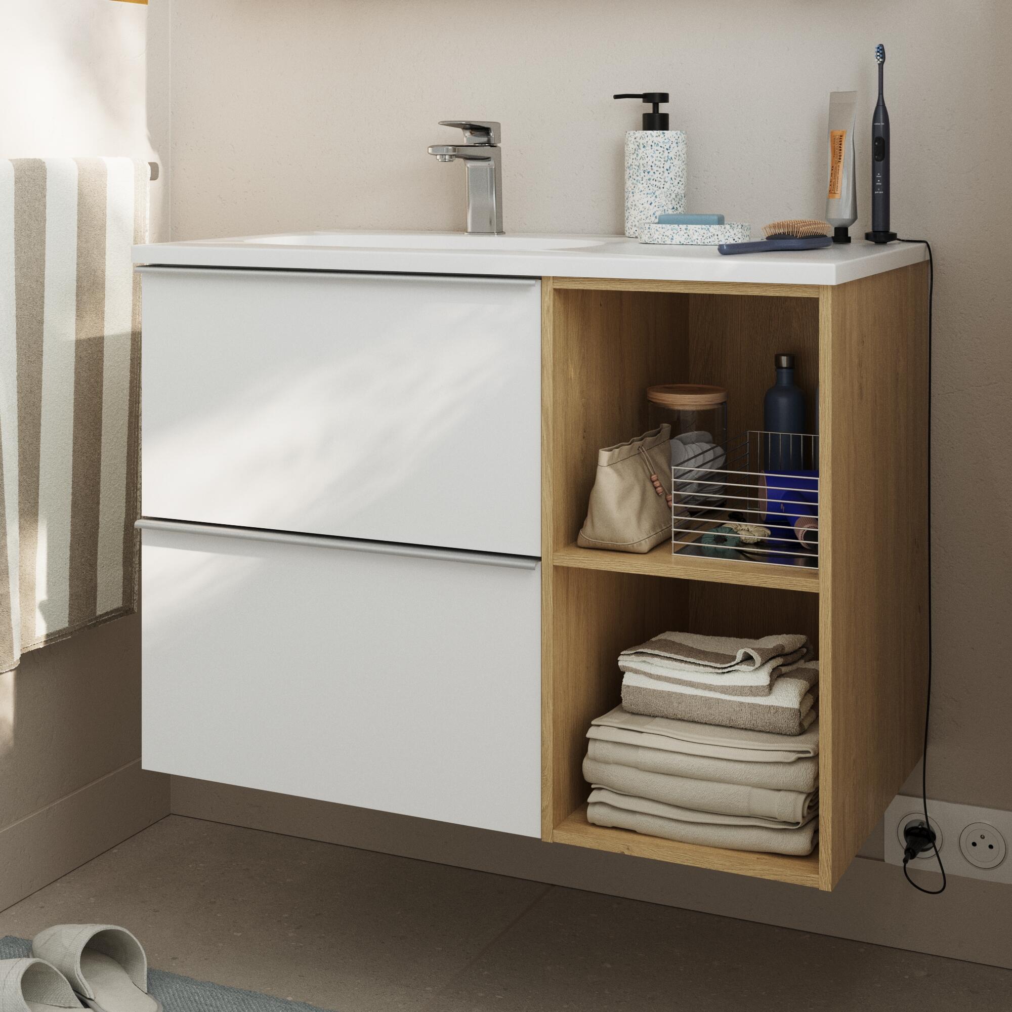 Móvel casa de banho 80 cm 2 gavetas branco mate e  carvalho Sensea Modern - 14