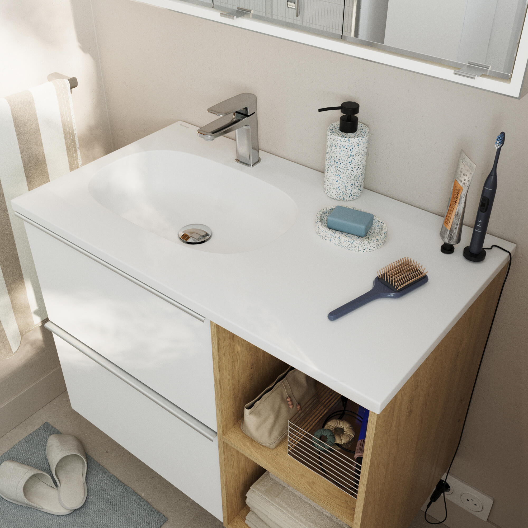 Móvel casa de banho 80 cm 2 gavetas branco mate e  carvalho Sensea Modern - 13