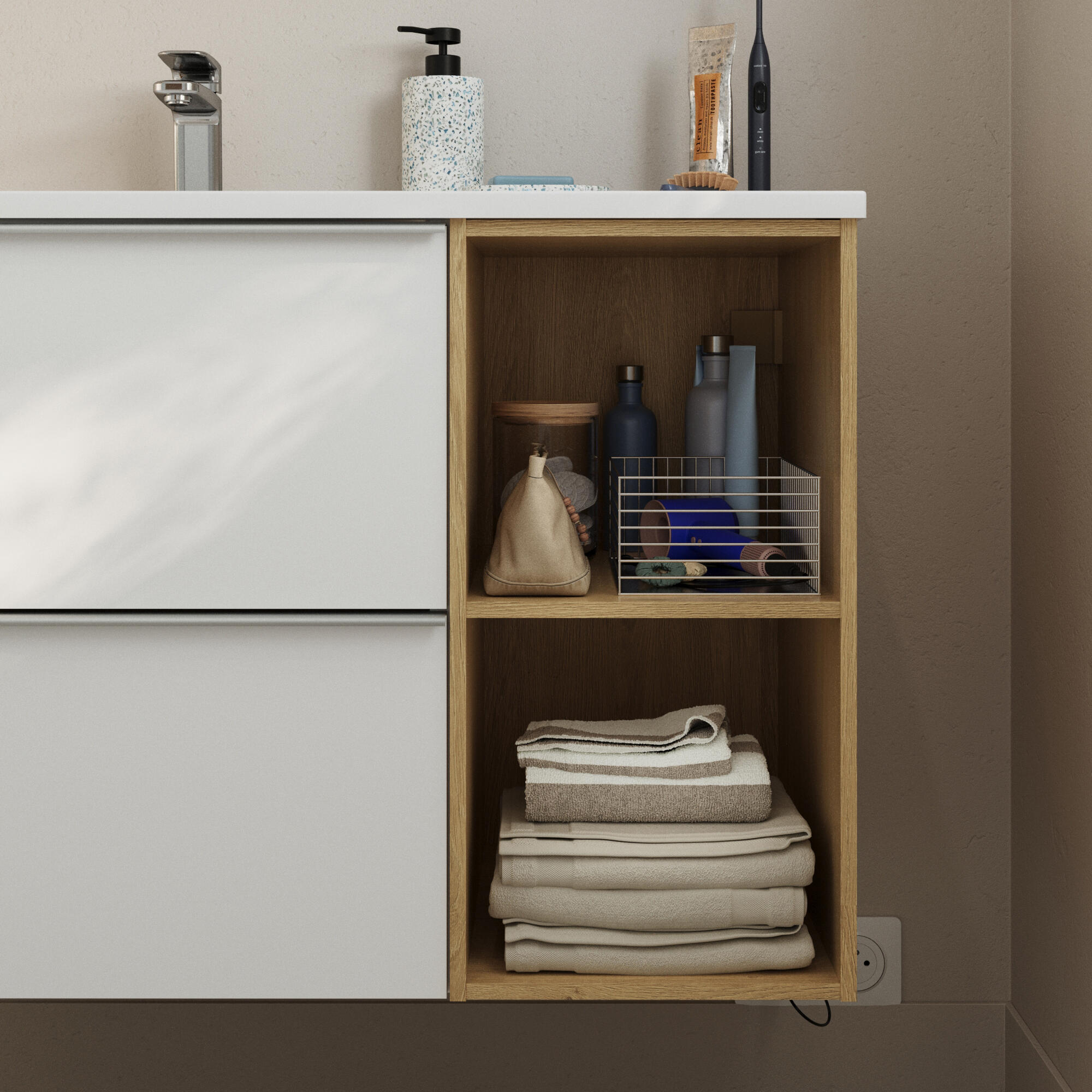 Móvel casa de banho 80 cm 2 gavetas branco mate e  carvalho Sensea Modern - 9