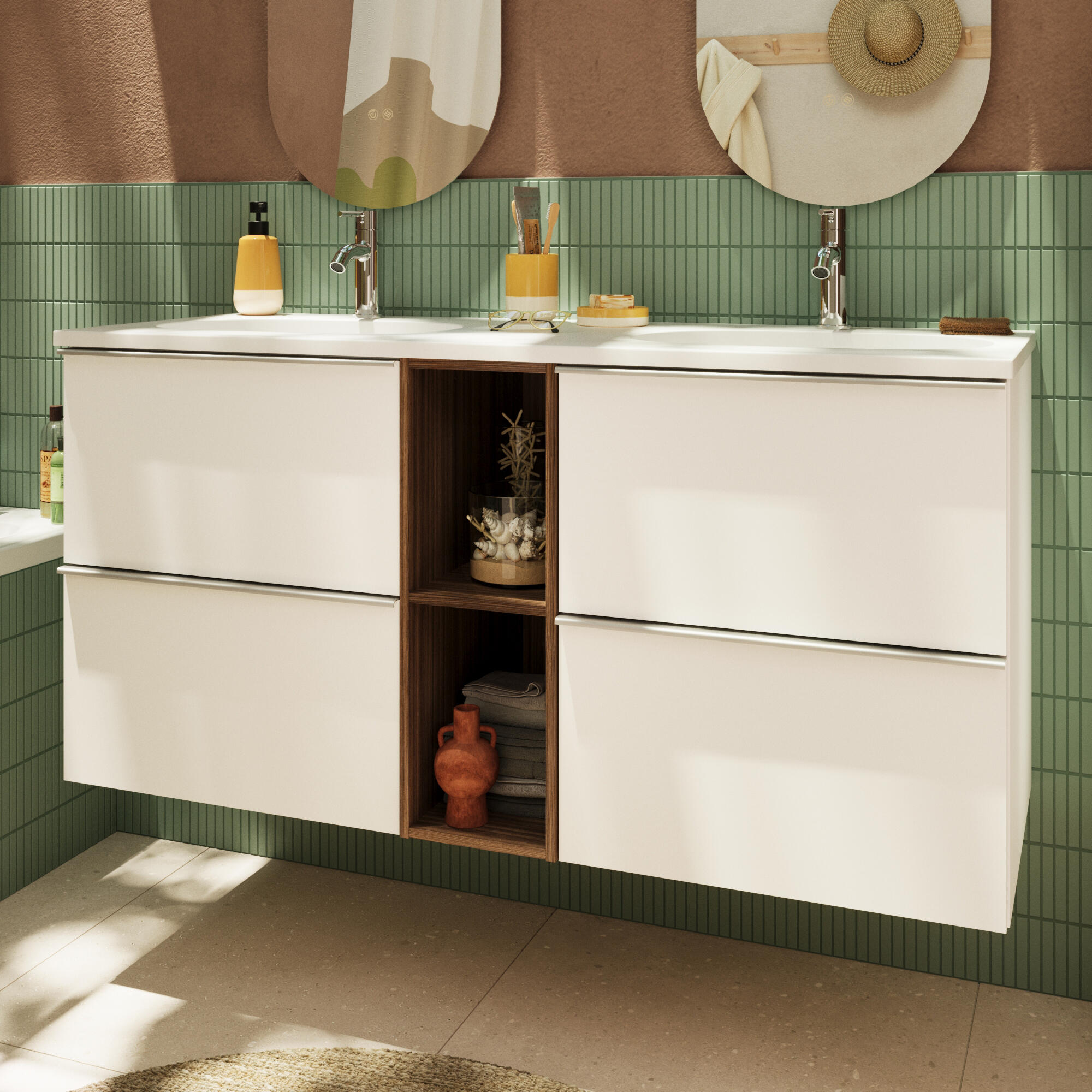 Móvel casa de banho 120 cm 4 gavetas branco mate e  nogueira Sensea Modern - 11