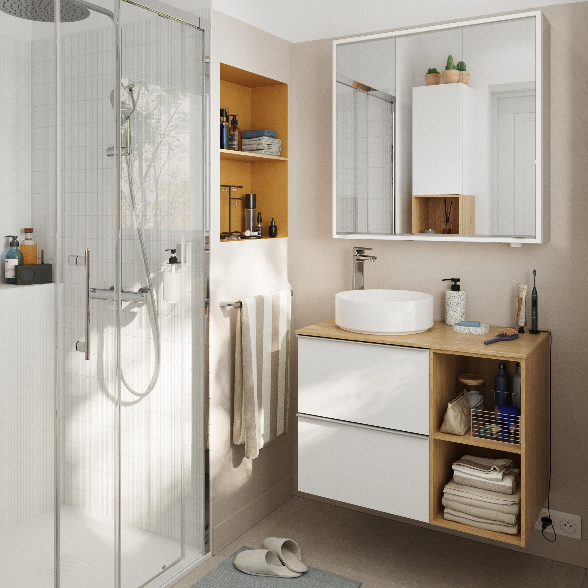 Móvel casa de banho 80 cm 2 gavetas branco mate e  carvalho Sensea Modern - 8