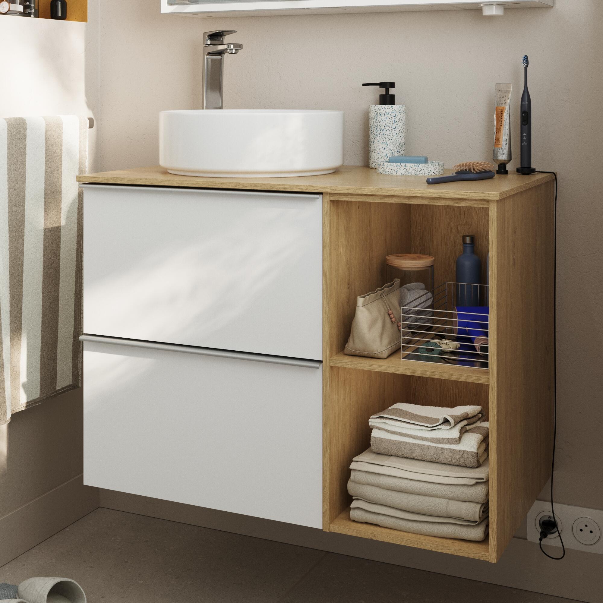 Móvel casa de banho 80 cm 2 gavetas branco mate e  carvalho Sensea Modern - 7