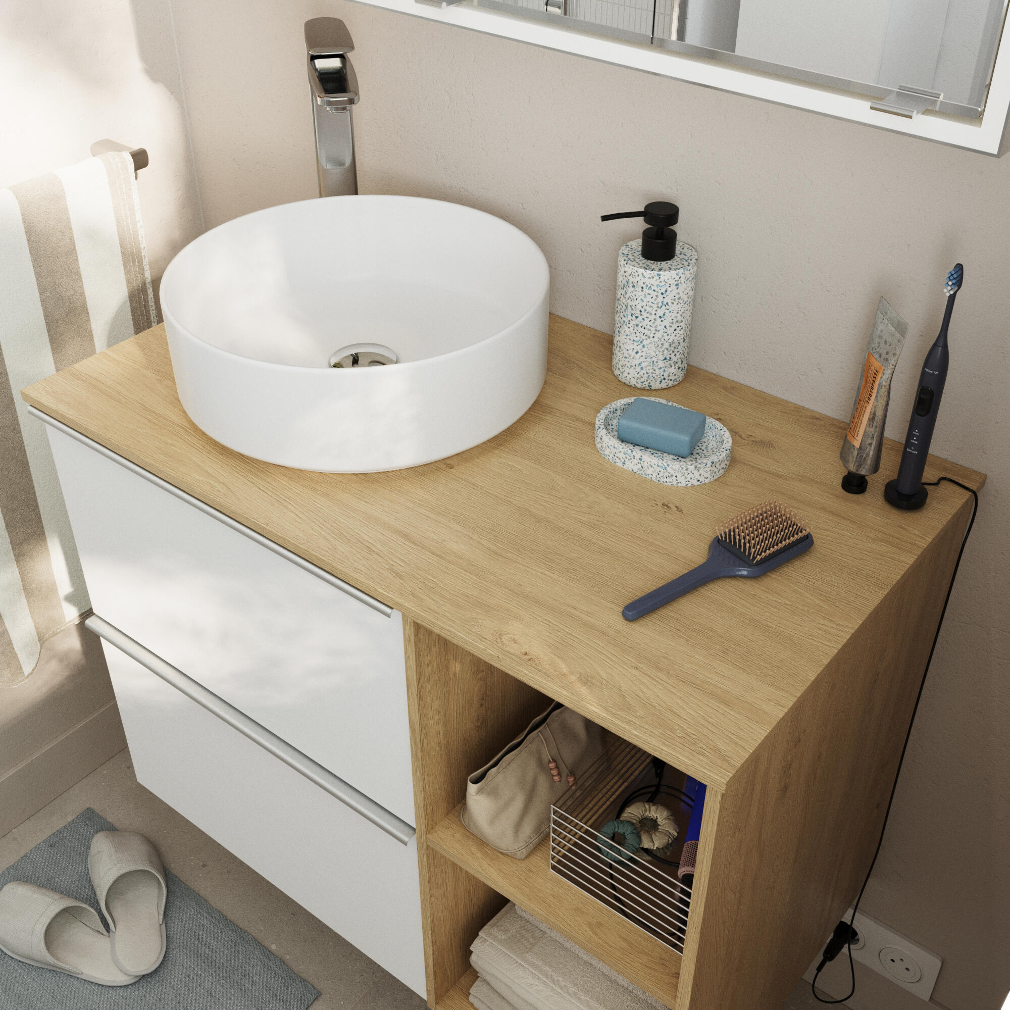 Móvel casa de banho 80 cm 2 gavetas branco mate e  carvalho Sensea Modern - 2