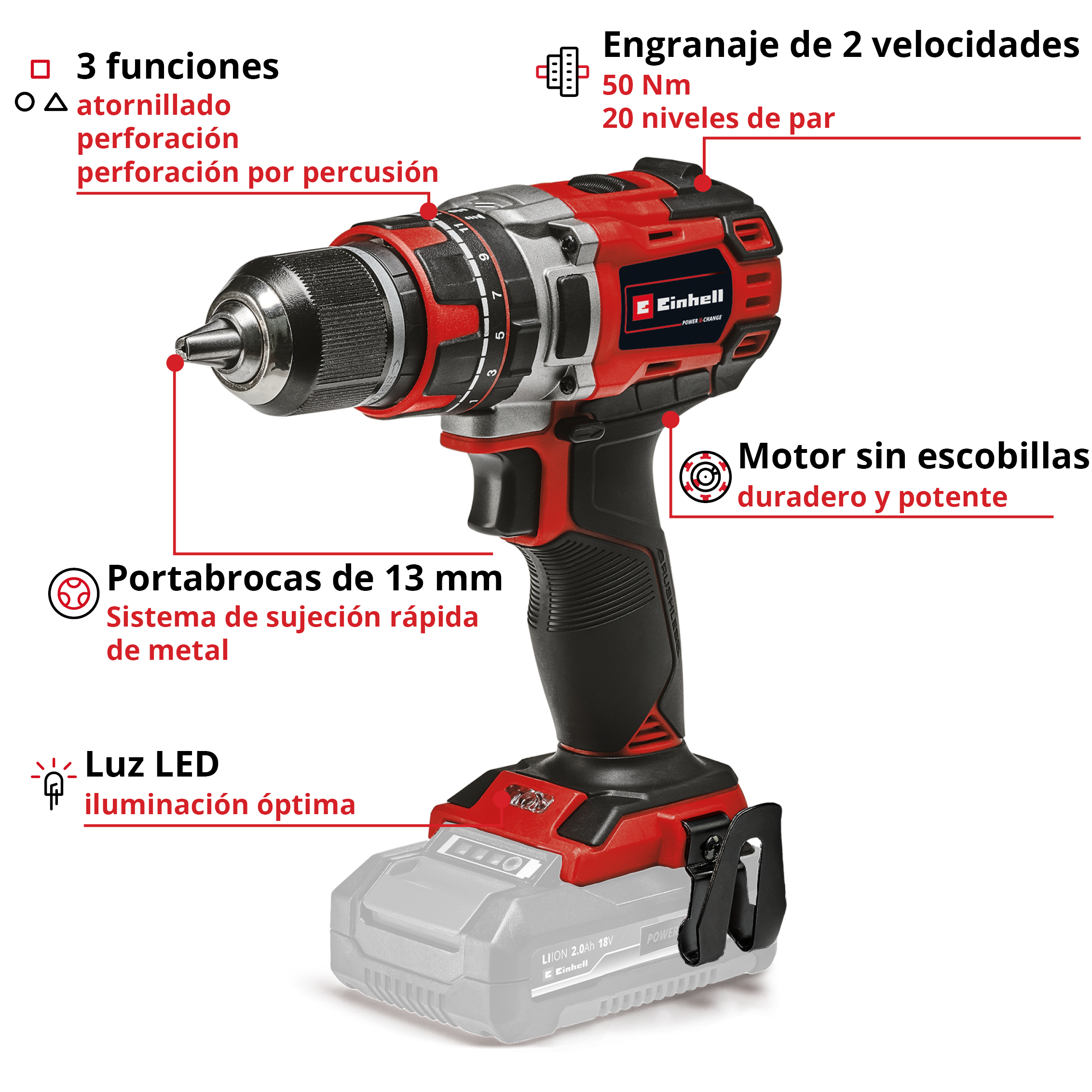 Taladro percutor a batería EINHELL 18V Brushless - Sin bateria - TP-CD 18/50 Li-i BL -Solo - 3