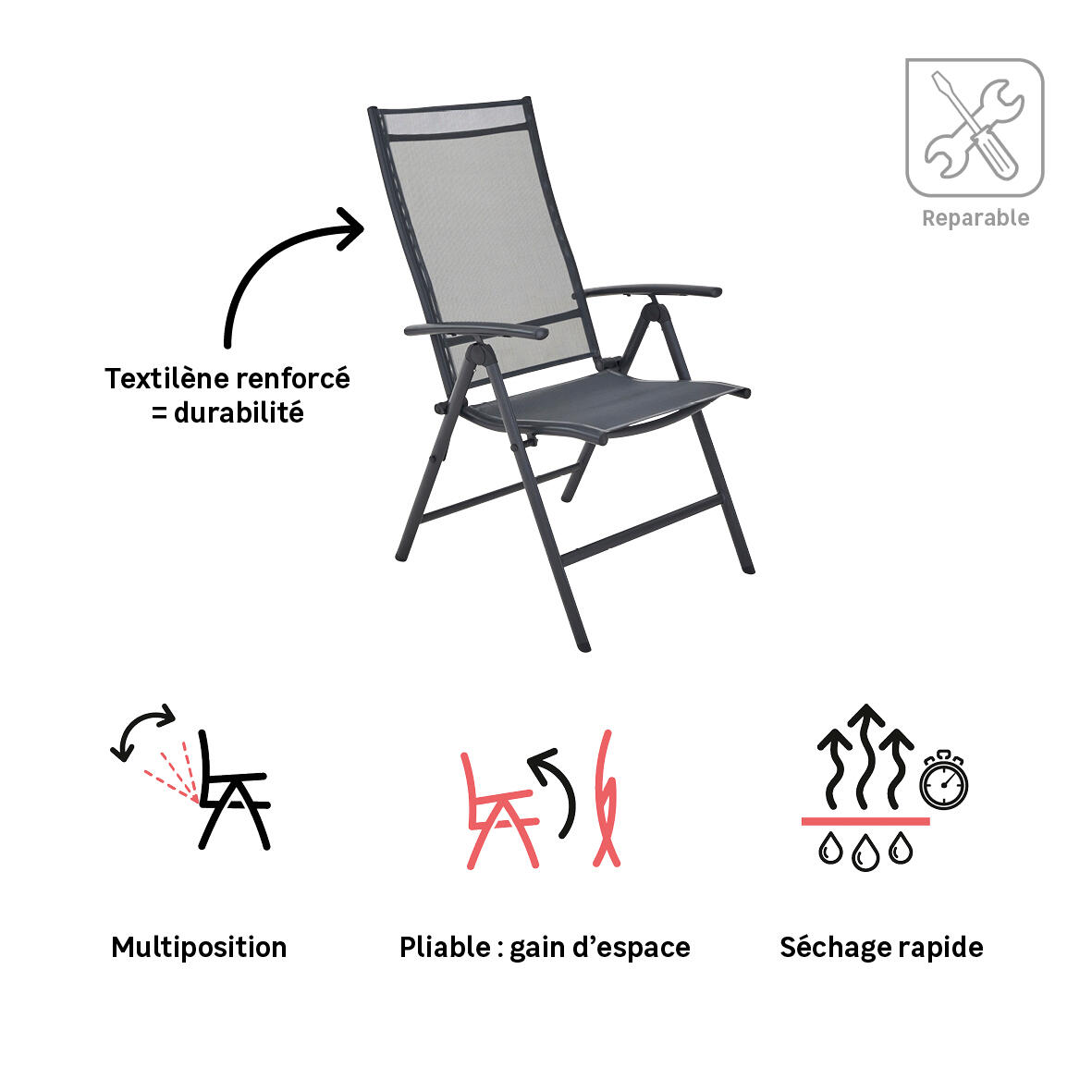 Lot de 2 fauteuils multipositions Kima en aluminium et textilène gris anthracite - 4