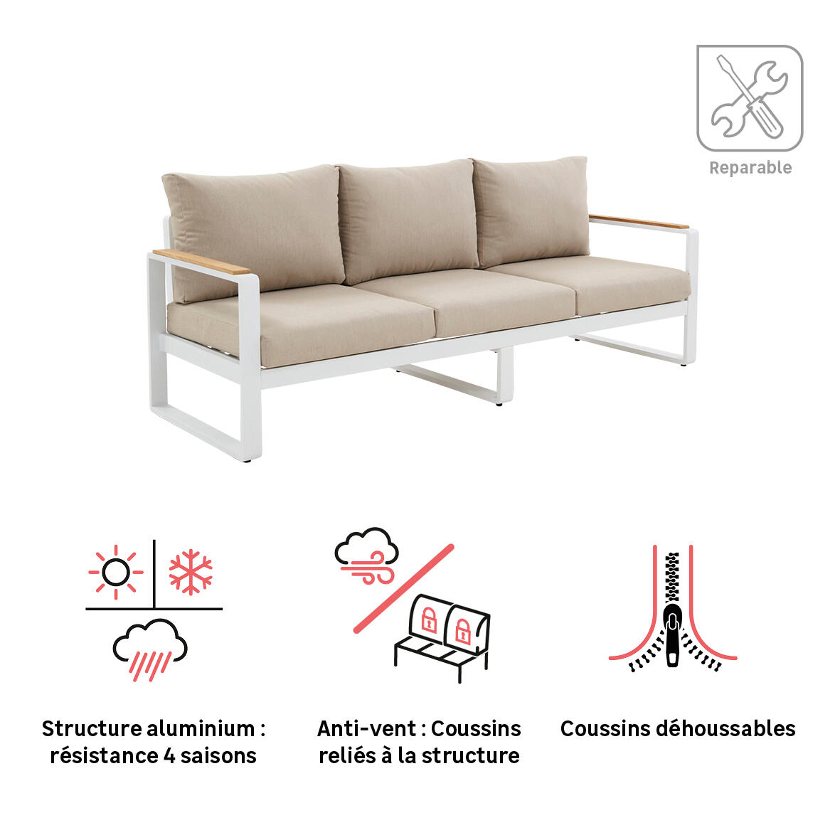 Canapé 3 places en aluminium et teck blanc Persea NATERIAL - 4