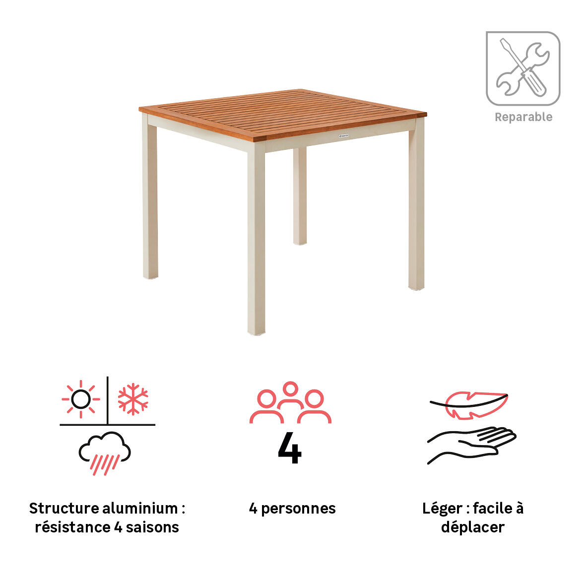 Table de jardin carrée NATERIAL Oris aluminium crème/bois eucalyptus,4 personnes - 3