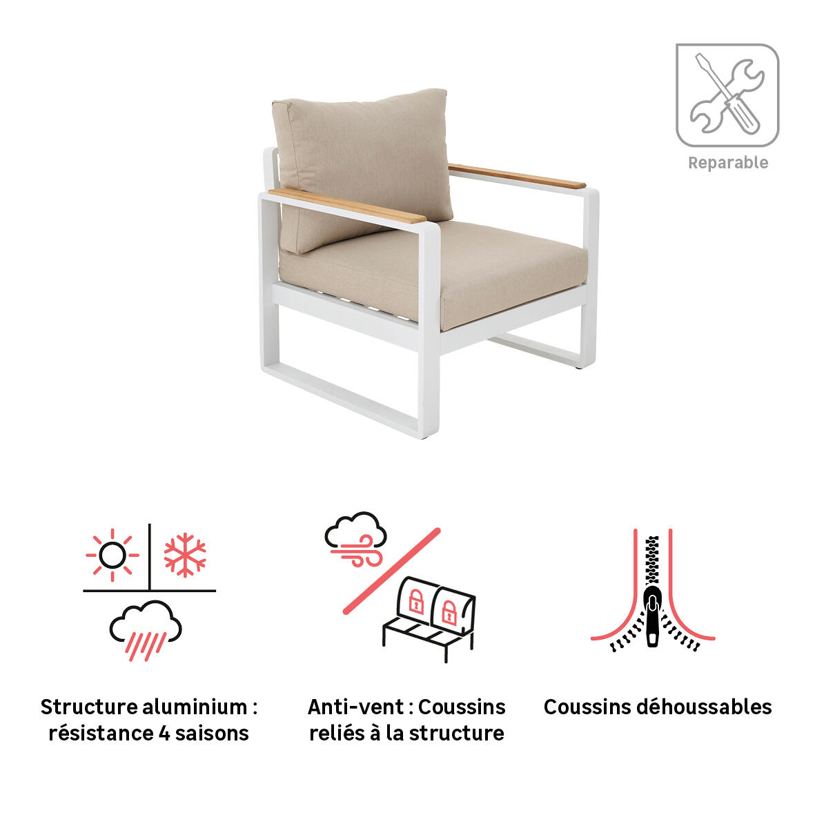 Fauteuil en aluminium et teck blanc Persea NATERIAL - 4