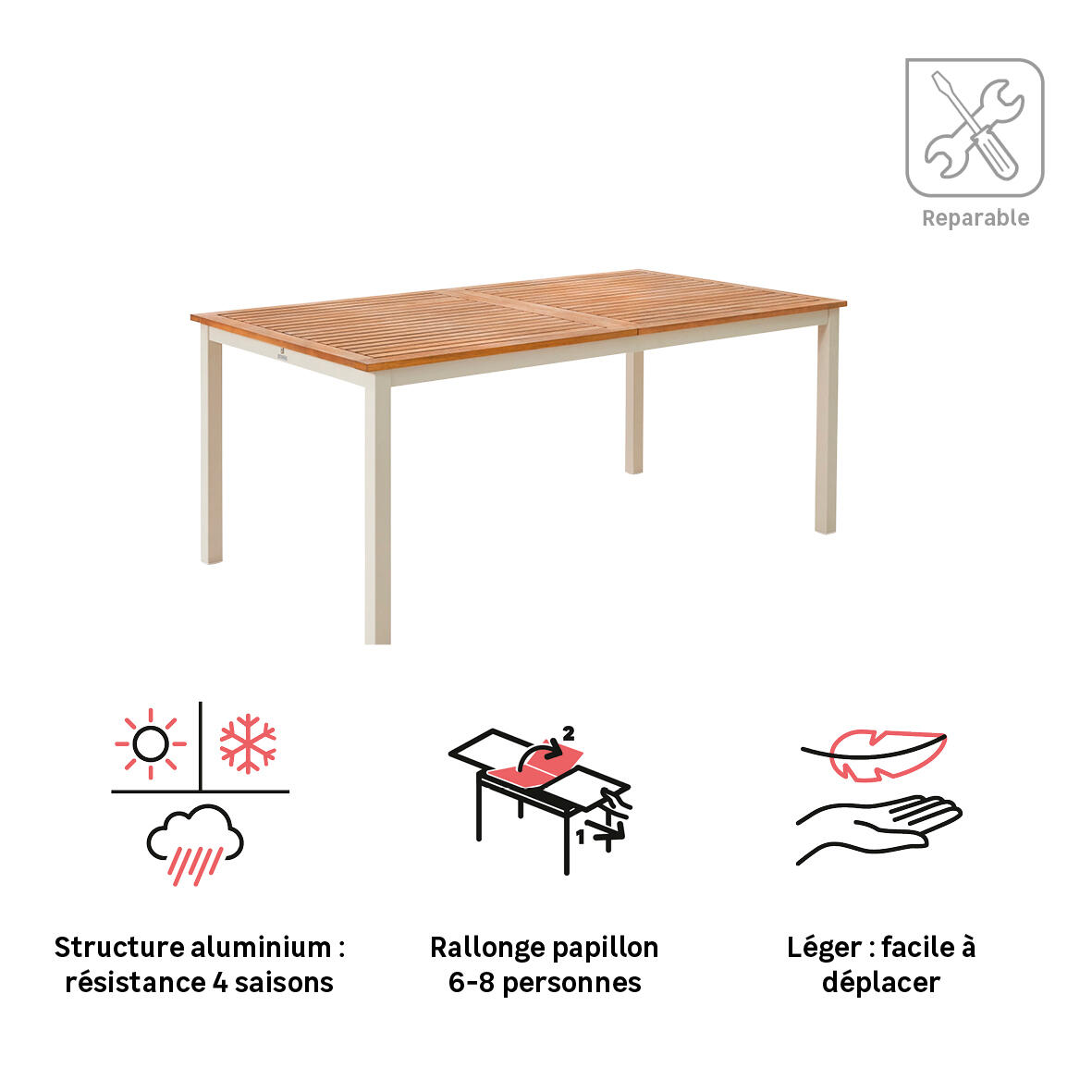 Table de jardin rectangulaire NATERIAL Oris alu crème/eucalyptus, 6/8 personnes - 5