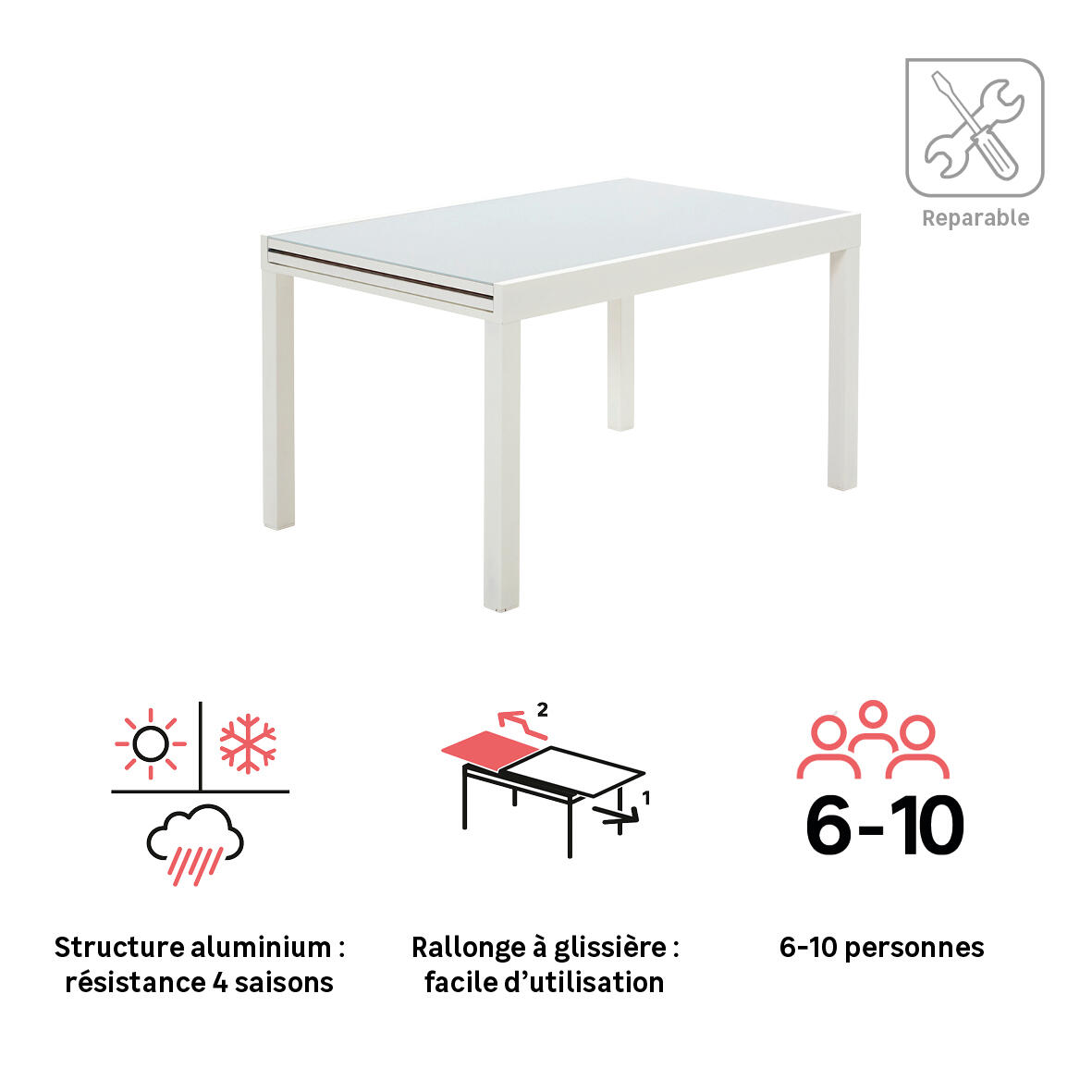 Table extensible NATERIAL Lyra IIen aluminium et verre 135/270x90cm blanc - 5