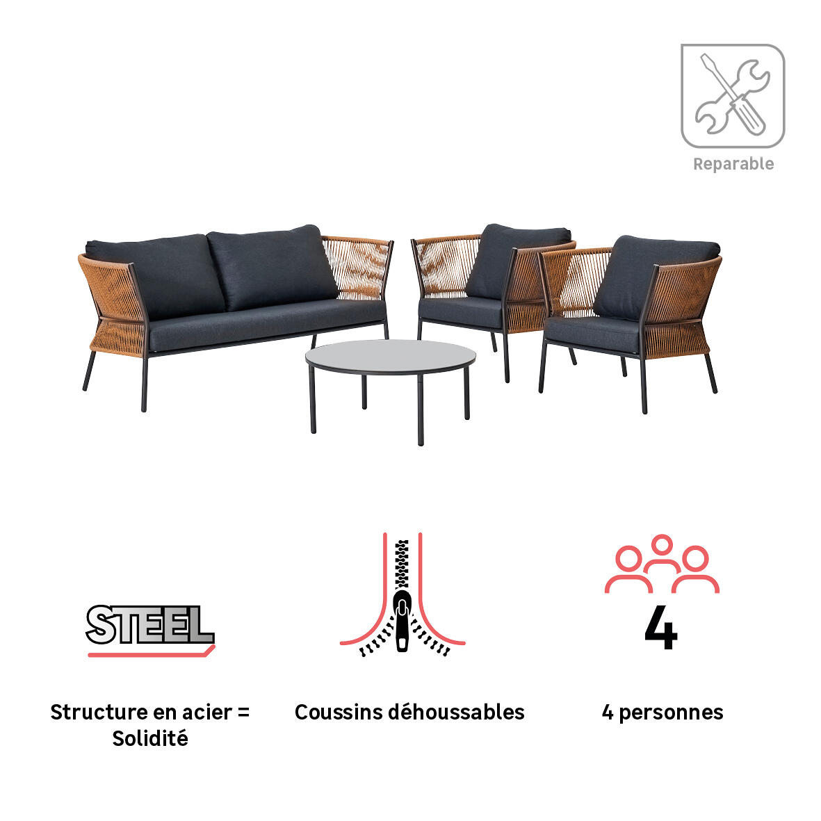 Salon bas Fuji en acier et résine gris anthracite - 5