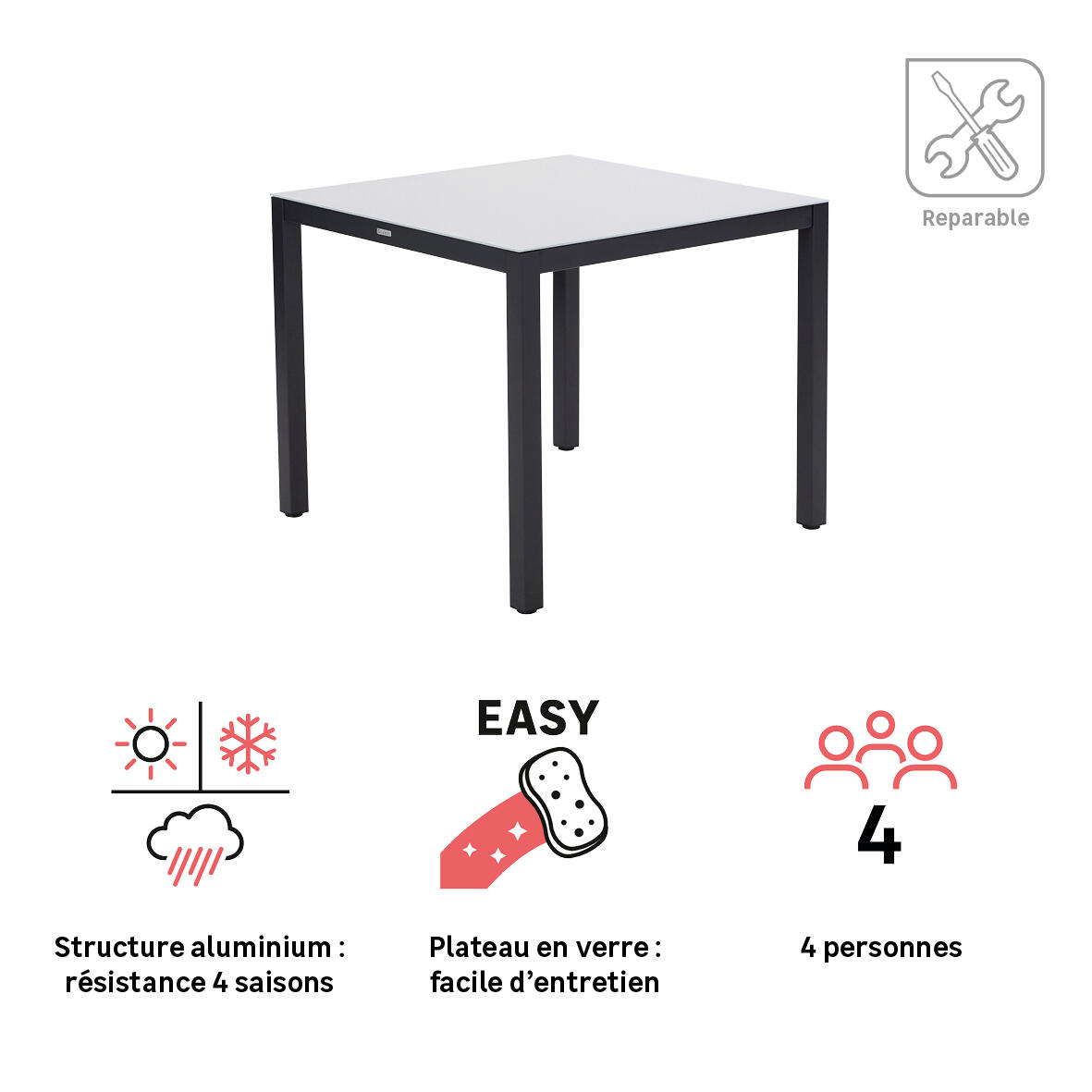 Table NATERIAL Lyra fix aluminium et verre 90x90cm gris anthracite - 3