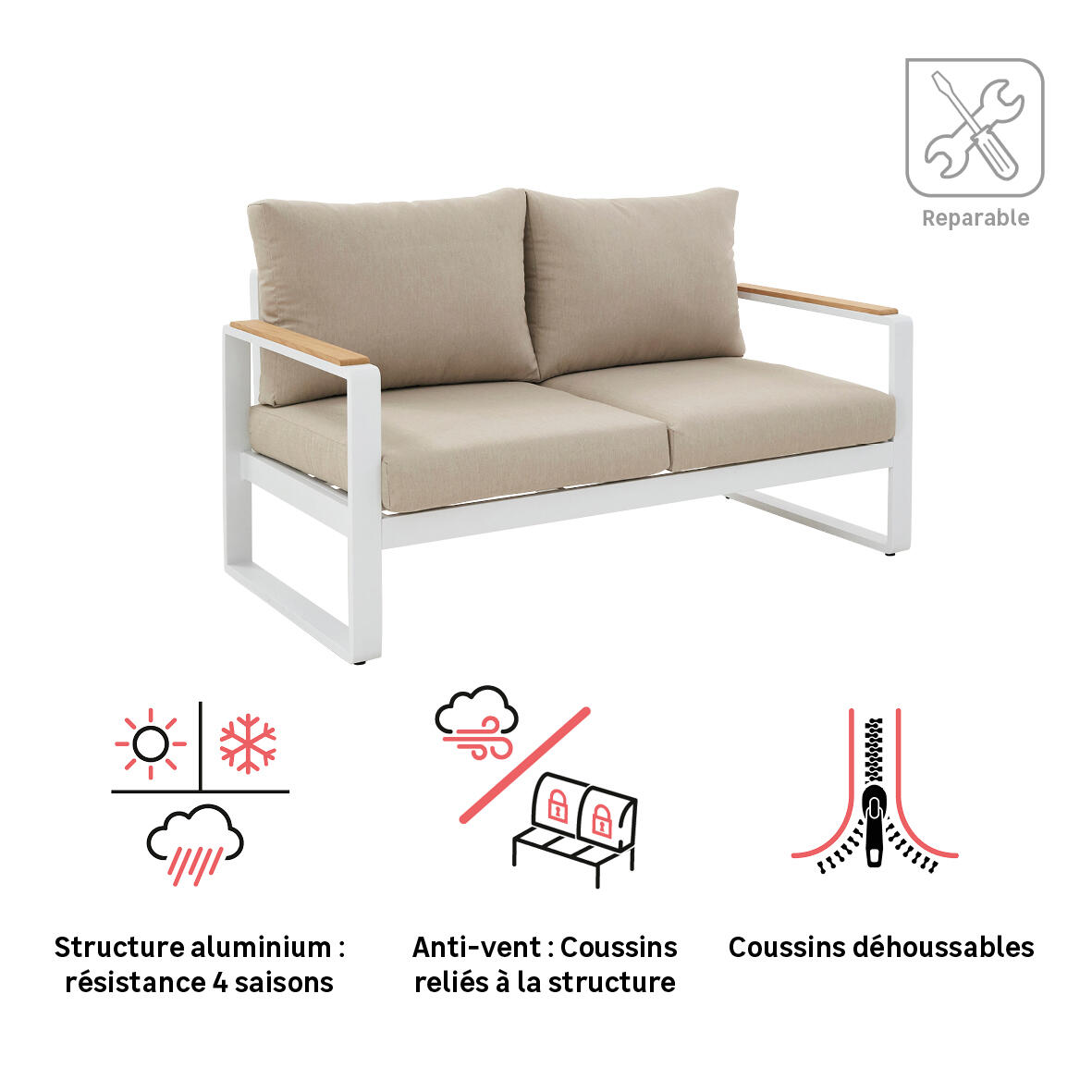 Canapé 2 places NATERIAL Persea en aluminium et teck blanc - 3