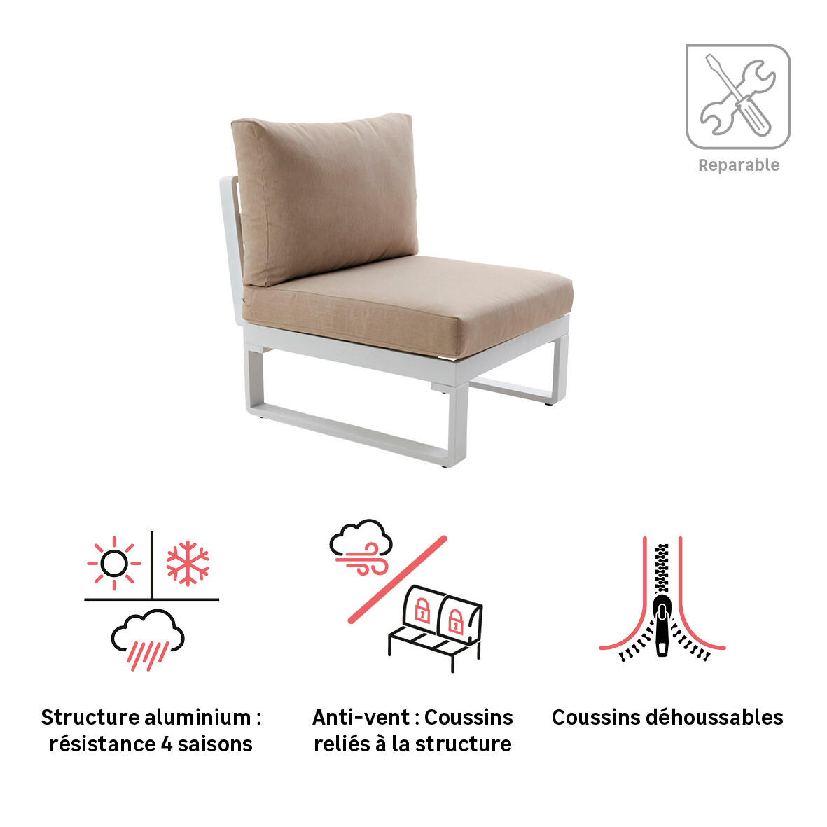 Fauteuil 1 place pour salon bas NATERIAL Persea gris blanc - 3