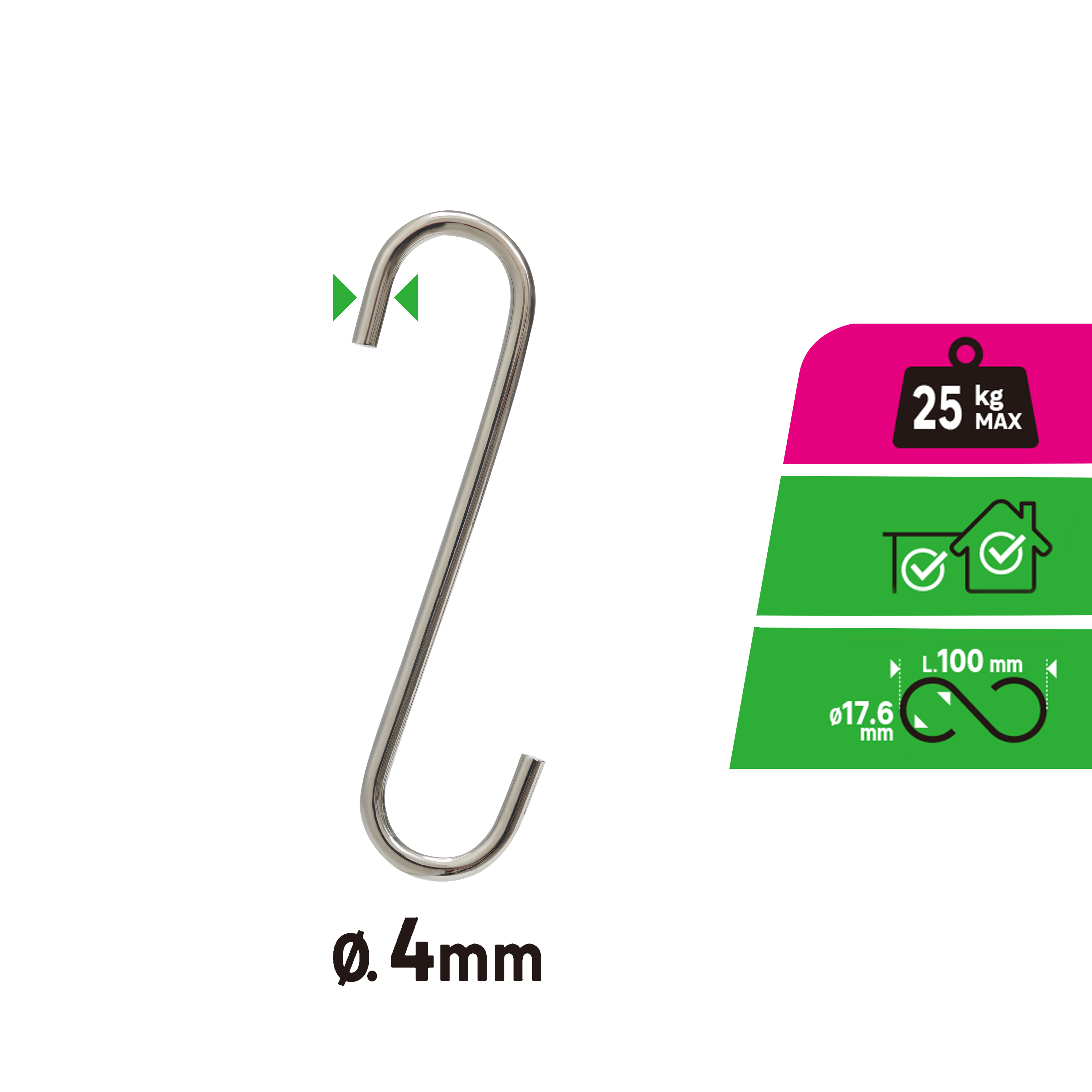 Gancho em S com ponta STANDERS aço zincado 100x25MM D4MM até 25KG - 3