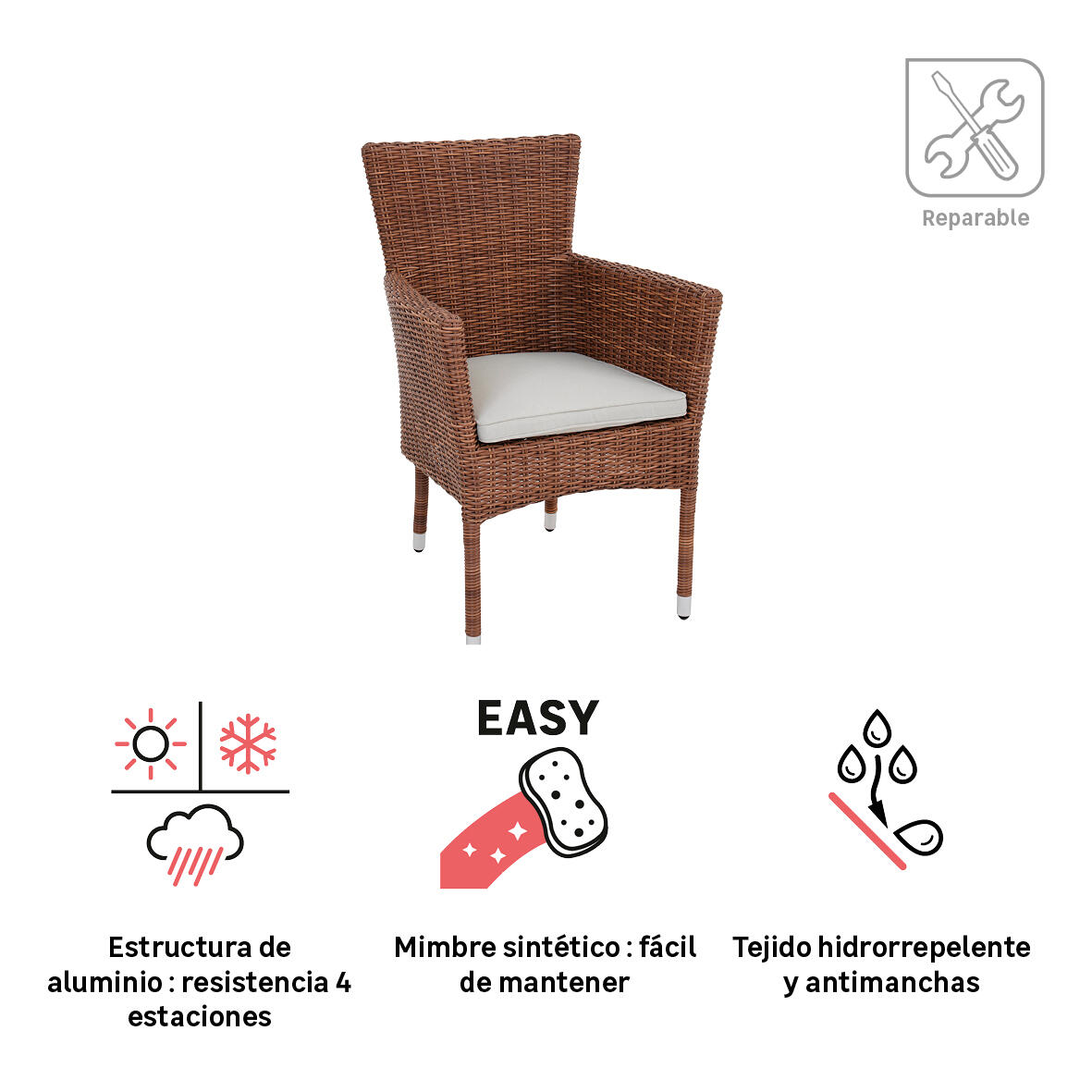 Sillón de jardín con cojín de jardín de aluminio Cordoba marrón - 4