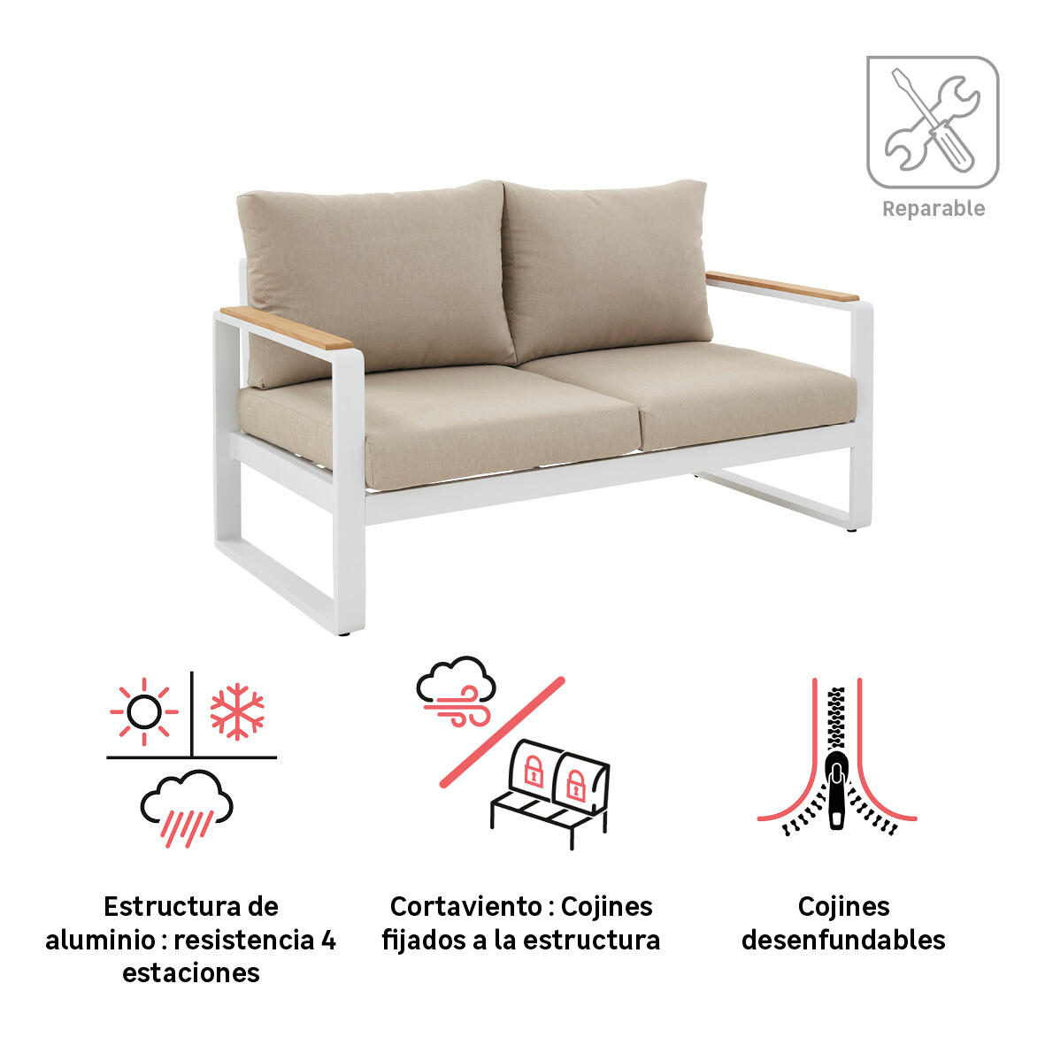 Sofá de jardín con cojín de jardín de aluminio Persea blanco - 3