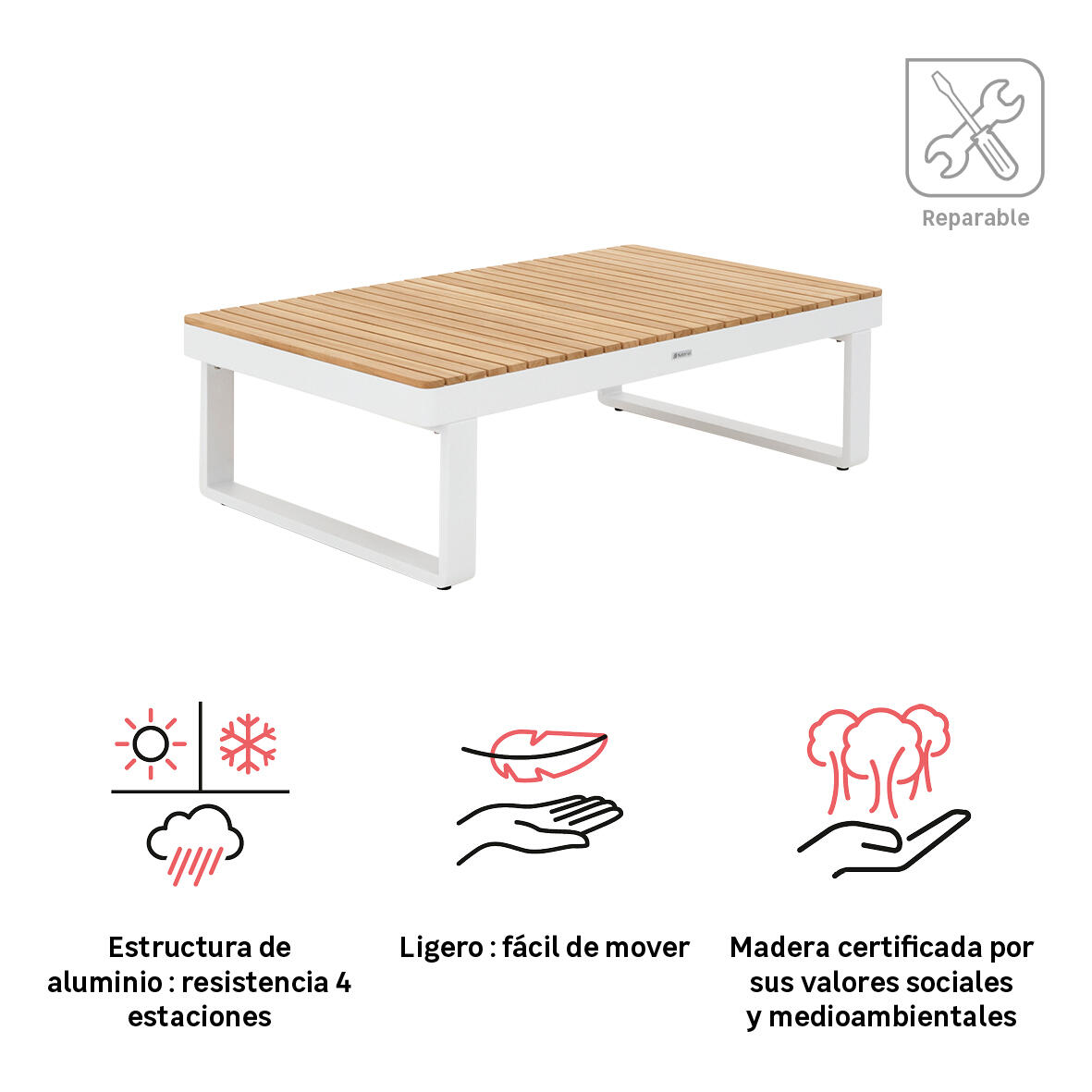 Mesa de centro de jardín de aluminio Persea blanco de 115x35.2x70 cm - 5