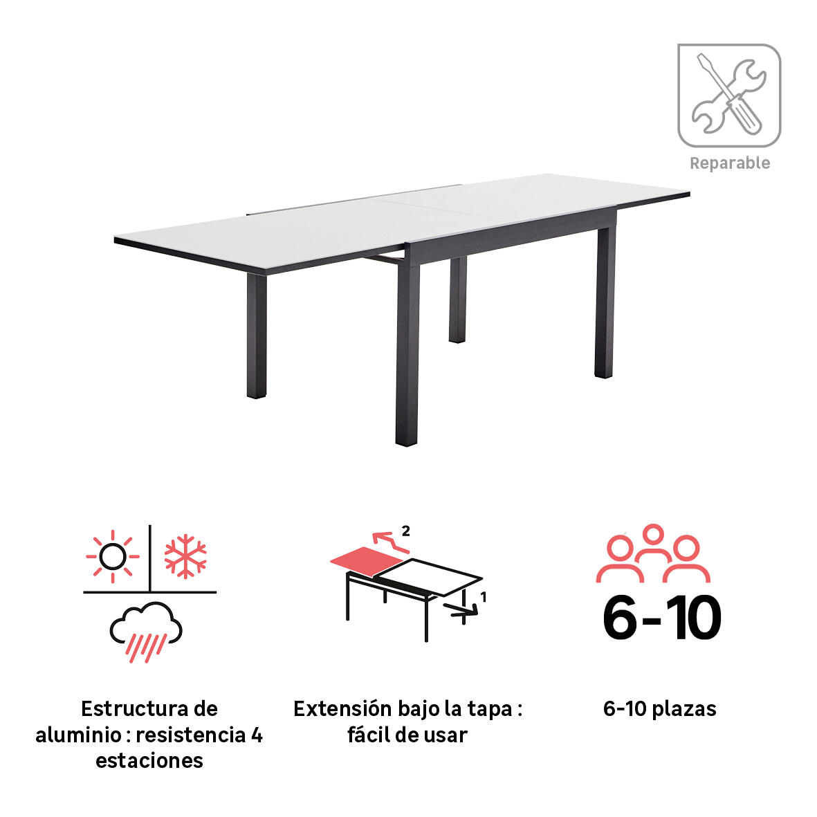 Mesa de jardín extensible de aluminio Lyra gris de 135/270x75.5 cm - 3