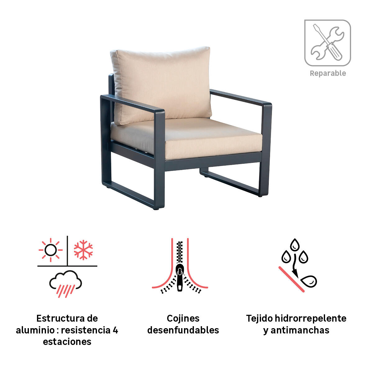 Sillón de jardín con cojín de jardín de aluminio Artemis gris - 4