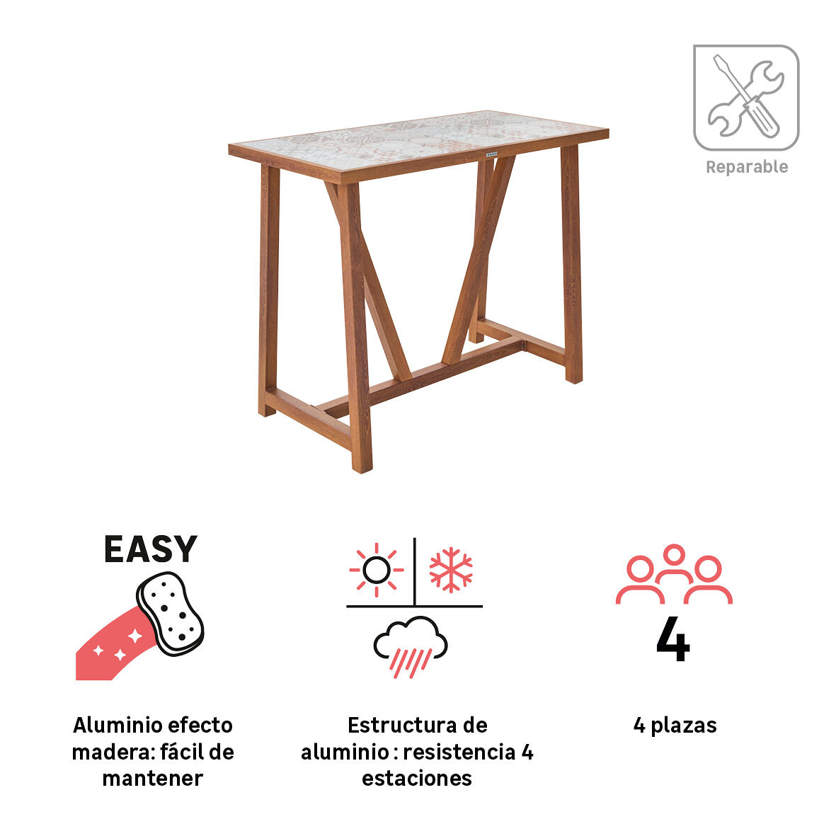 Mesa de jardín de comedor de aluminio Gaia marrón de 65.5x100x126 cm - 4