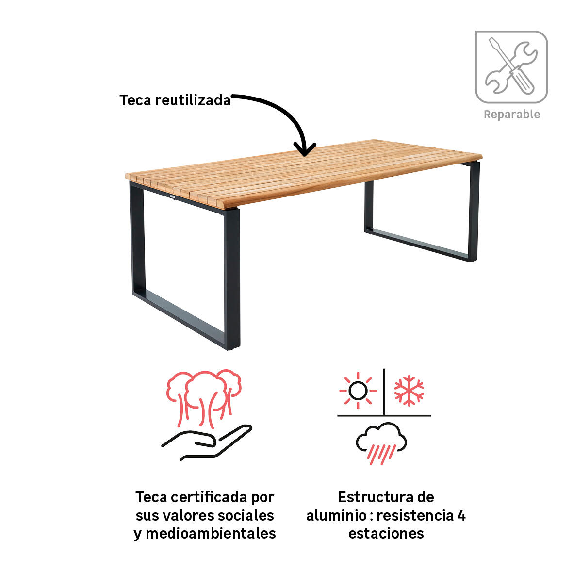 Mesa de jardín de comedor de aluminio Sirokos de 100.5x75x210 cm - 6