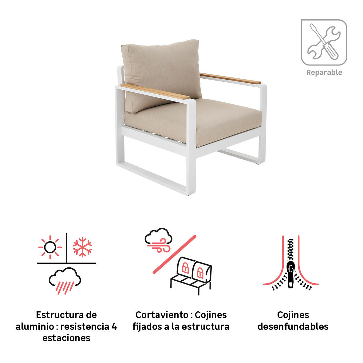 Sillón de jardín con cojín de jardín de aluminio Persea blanco - 3